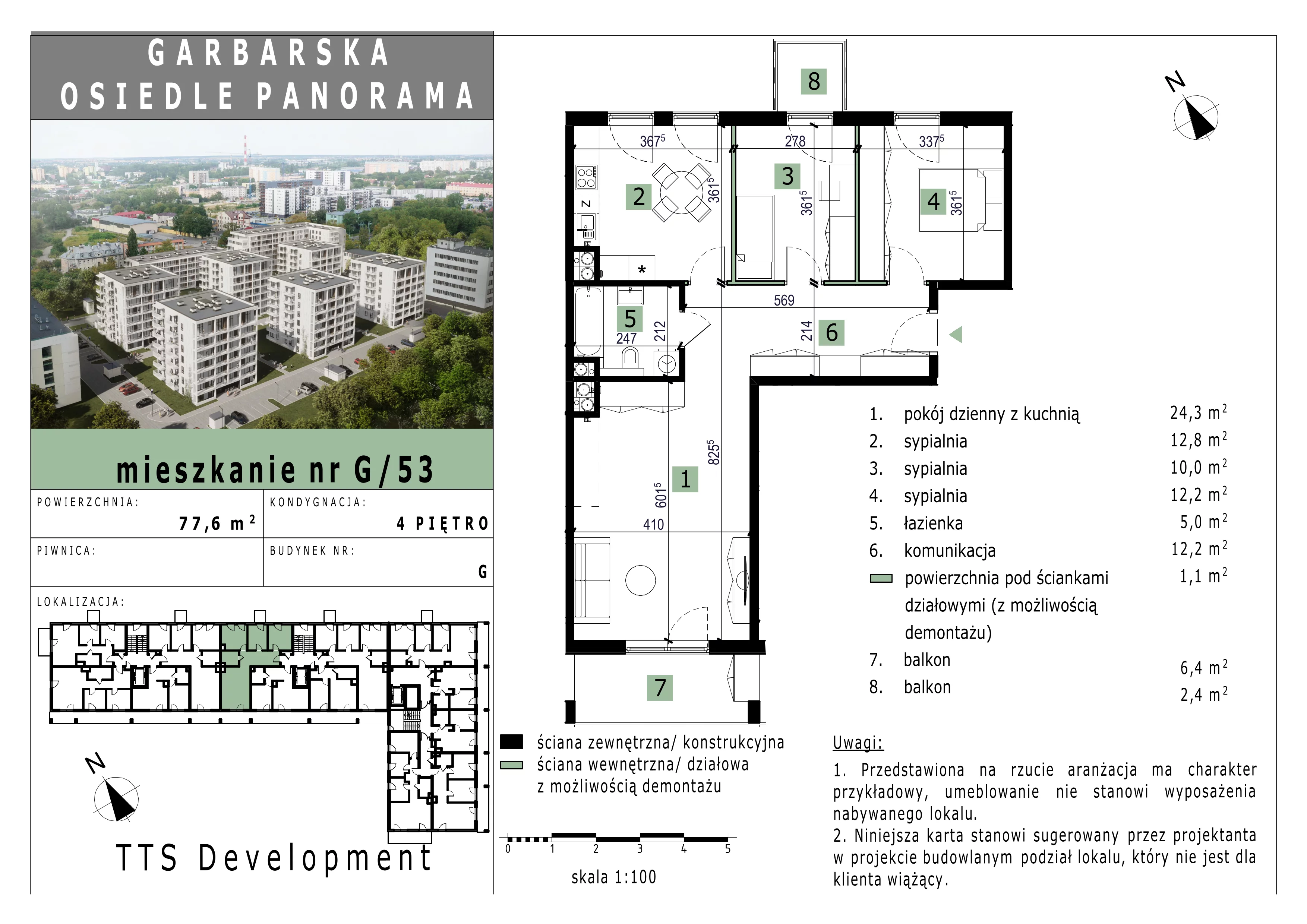3 pokoje, mieszkanie 77,58 m², piętro 4, oferta nr 53, Osiedle Panorama, Lublin, Kośminek, Majdanek, ul. Garbarska 18A/18B 