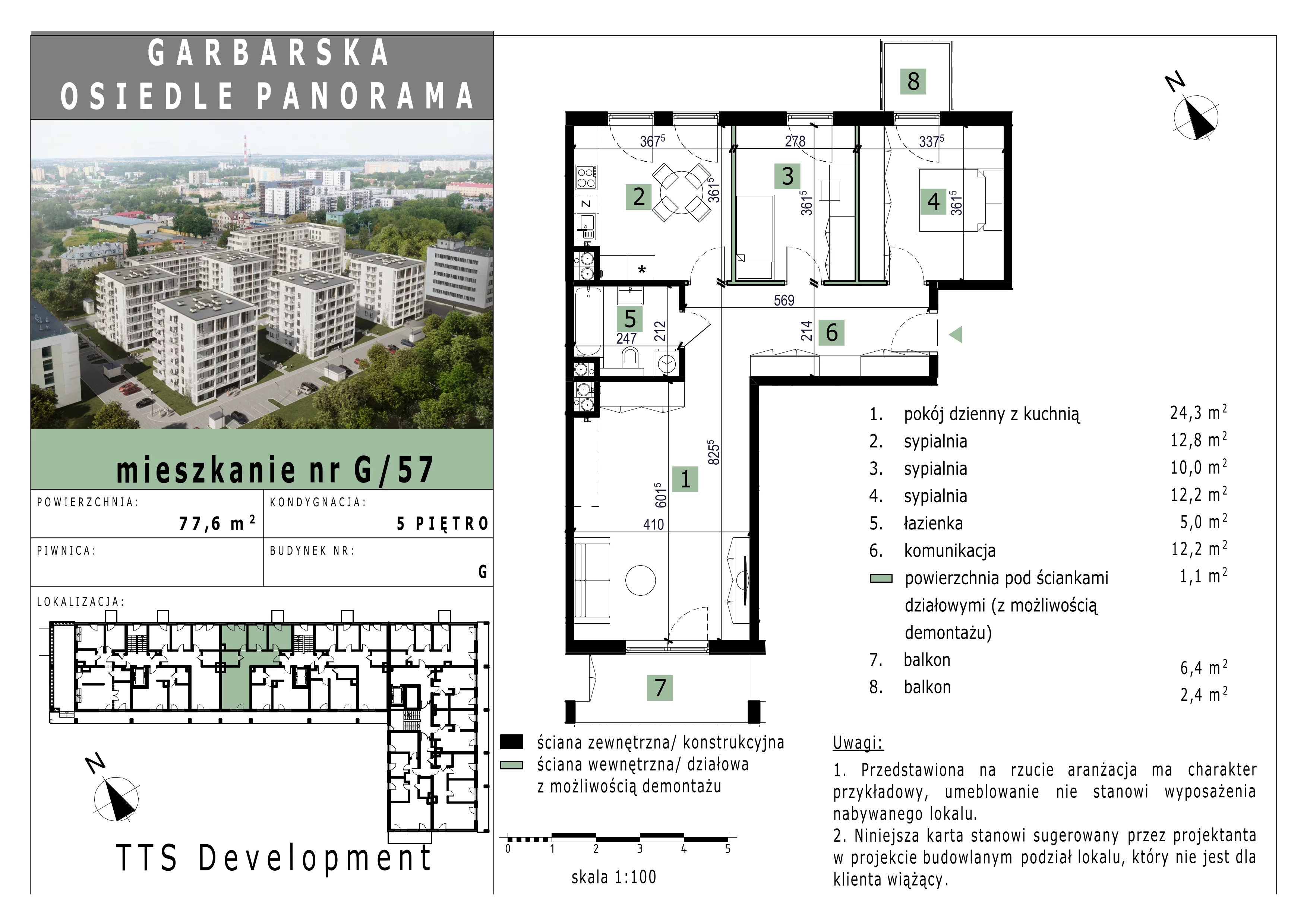 3 pokoje, mieszkanie 77,54 m², piętro 5, oferta nr 57, Osiedle Panorama, Lublin, Kośminek, Majdanek, ul. Garbarska 18A/18B 