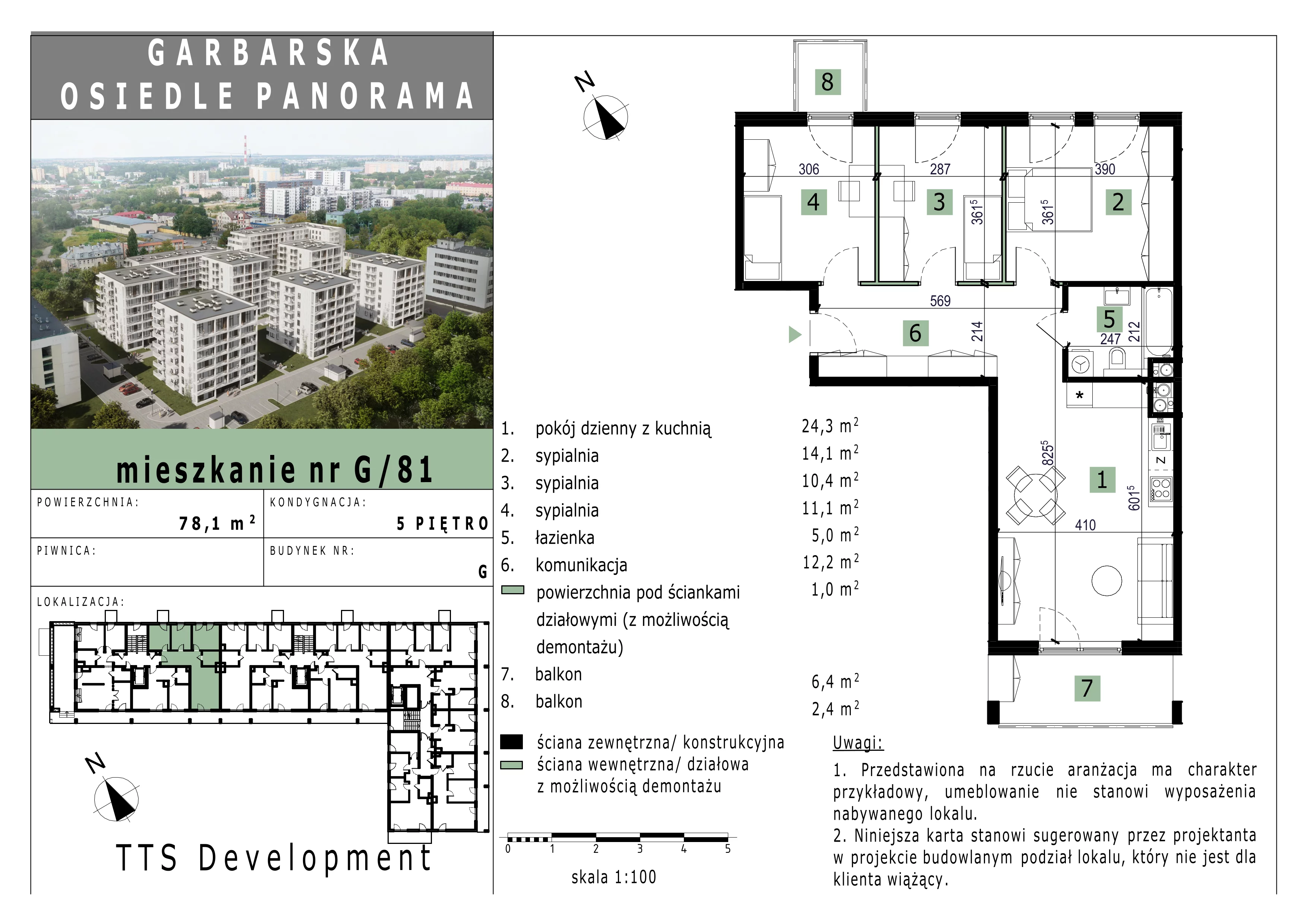 3 pokoje, mieszkanie 77,84 m², piętro 5, oferta nr 81, Osiedle Panorama, Lublin, Kośminek, Majdanek, ul. Garbarska 18A/18B 