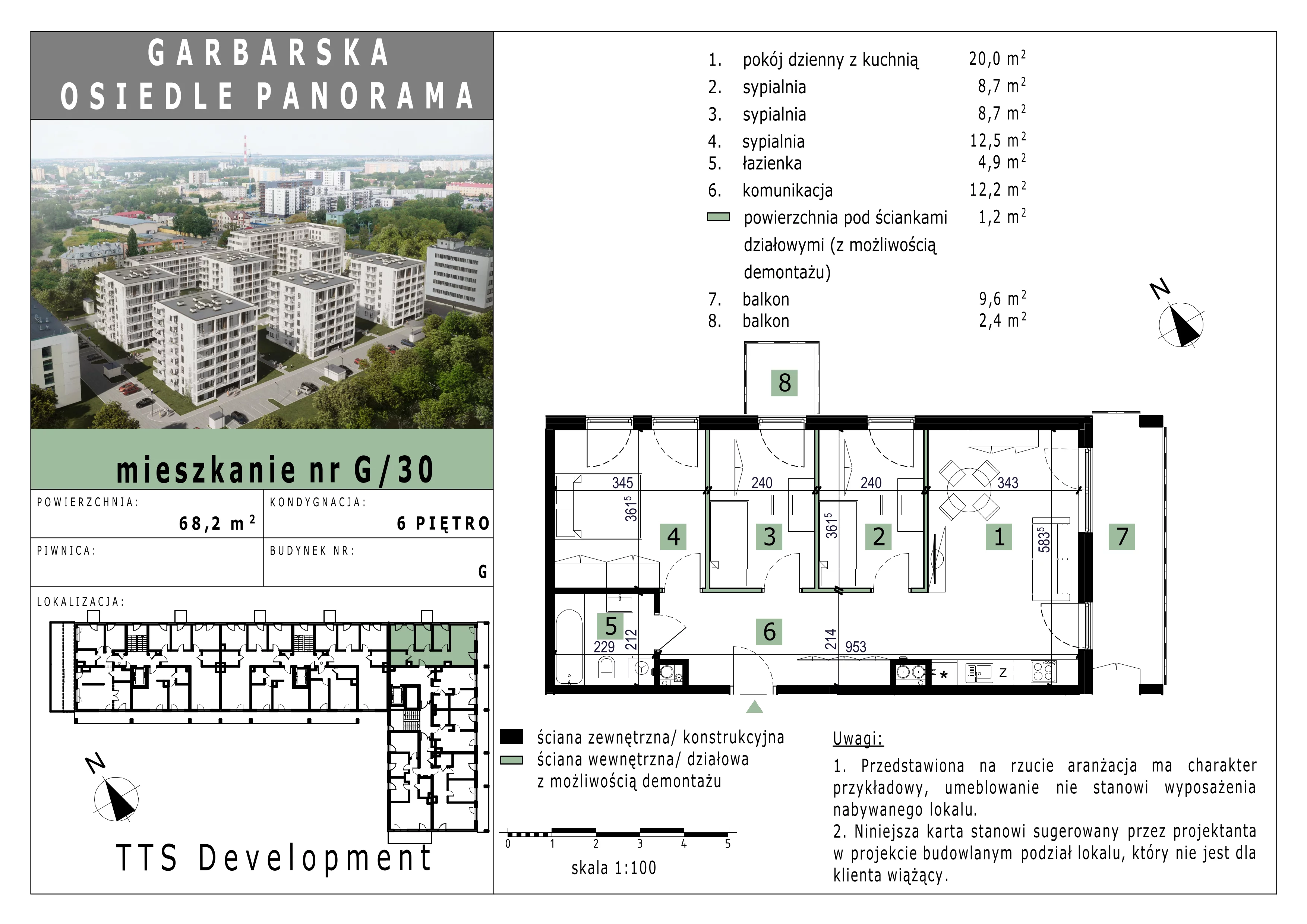 3 pokoje, mieszkanie 68,00 m², piętro 6, oferta nr 30, Osiedle Panorama, Lublin, Kośminek, Majdanek, ul. Garbarska 18A/18B 