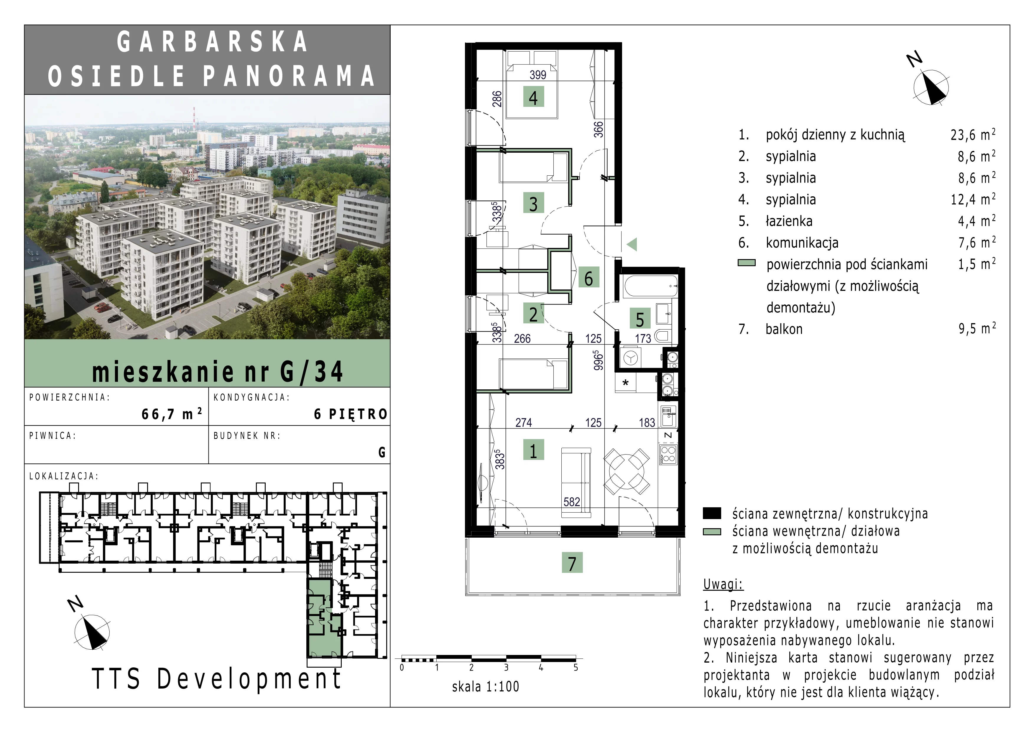 3 pokoje, mieszkanie 66,77 m², piętro 6, oferta nr 34, Osiedle Panorama, Lublin, Kośminek, Majdanek, ul. Garbarska 18A/18B 
