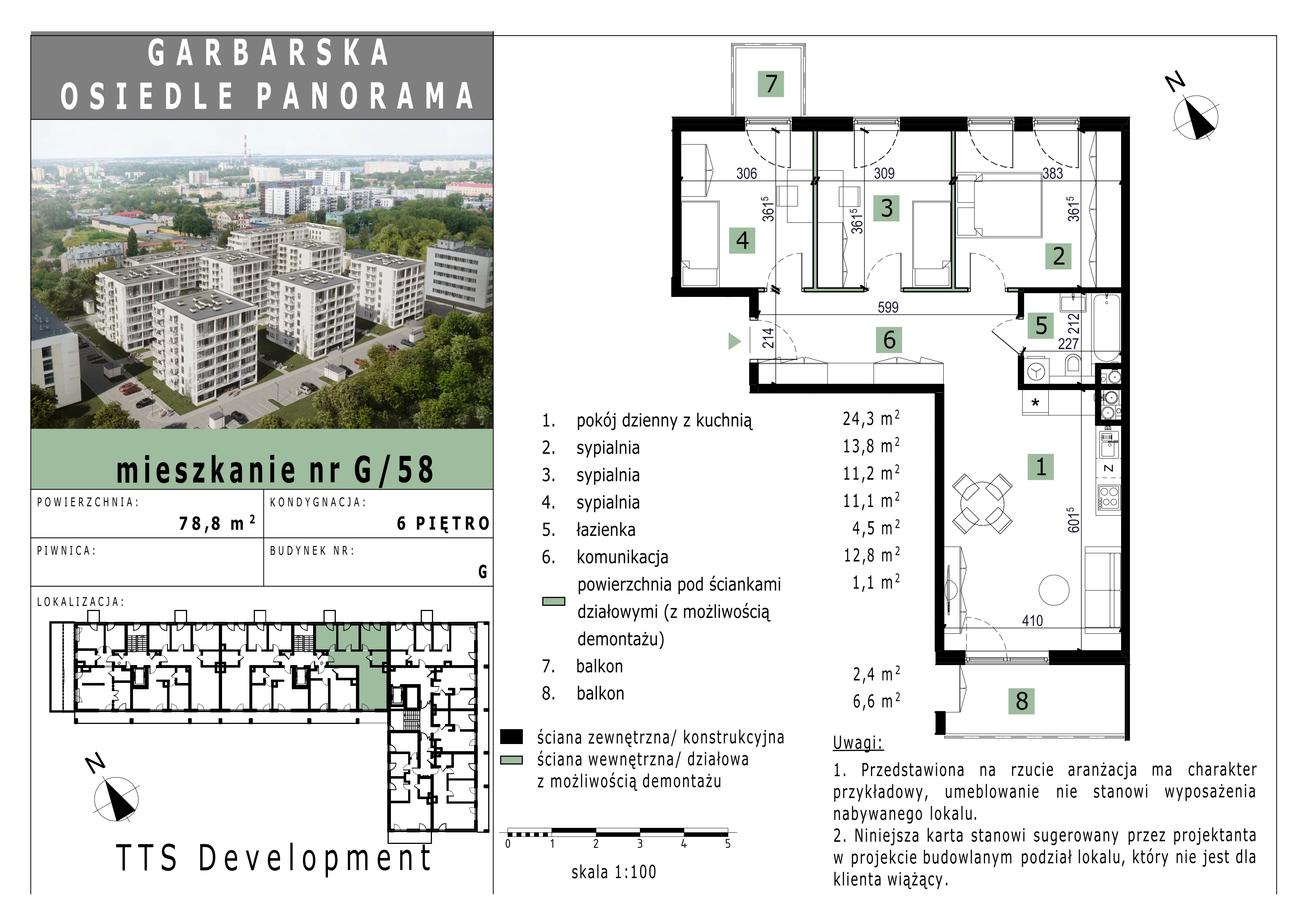 3 pokoje, mieszkanie 78,59 m², piętro 6, oferta nr 58, Osiedle Panorama, Lublin, Kośminek, Majdanek, ul. Garbarska 18A/18B 