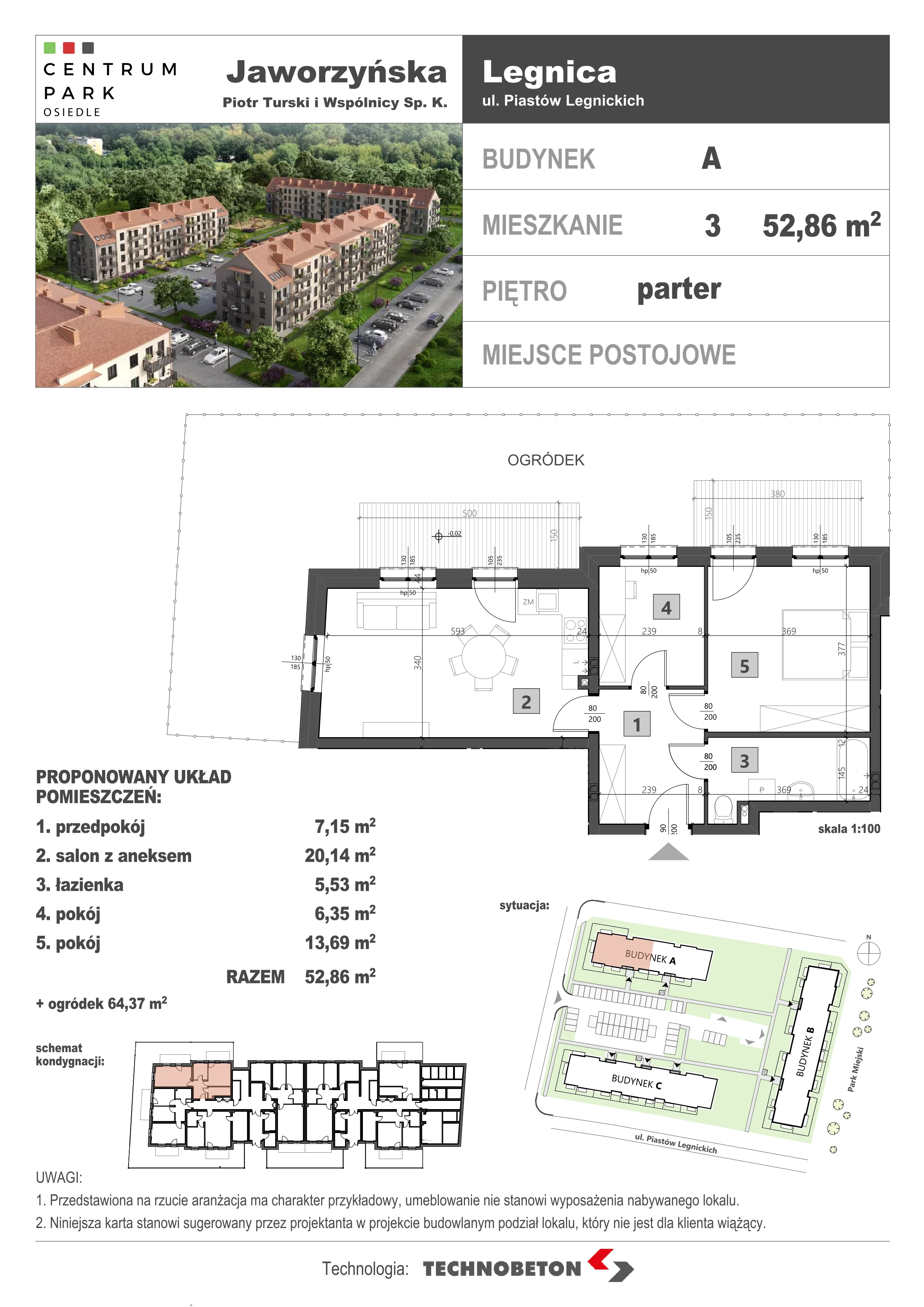3 pokoje, mieszkanie 53,08 m², parter, oferta nr LM.3, Osiedle Centrum Park, Legnica, ul. Mickiewicza 44/45