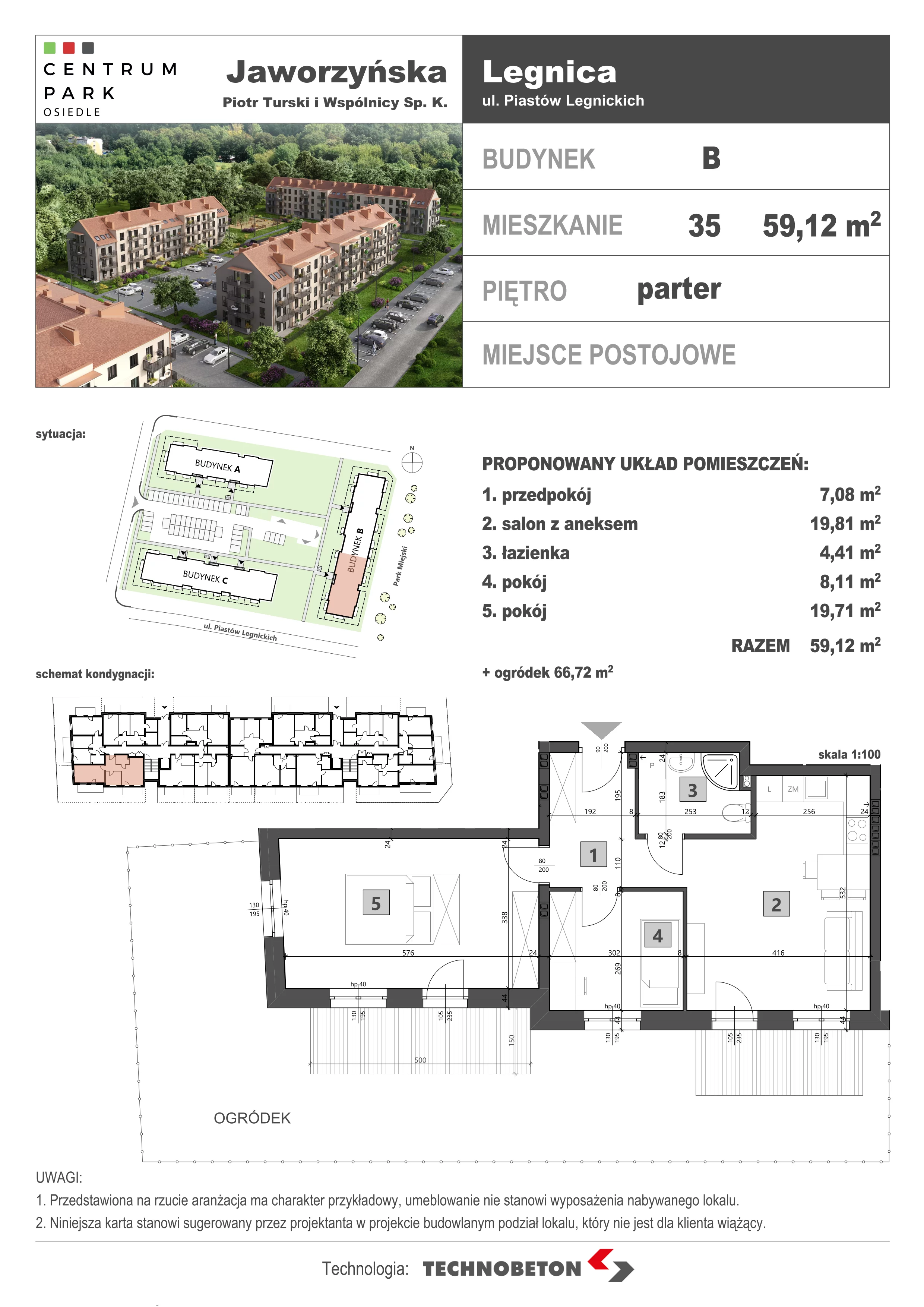 3 pokoje, mieszkanie 59,12 m², parter, oferta nr LM.35, Osiedle Centrum Park, Legnica, ul. Mickiewicza 44/45