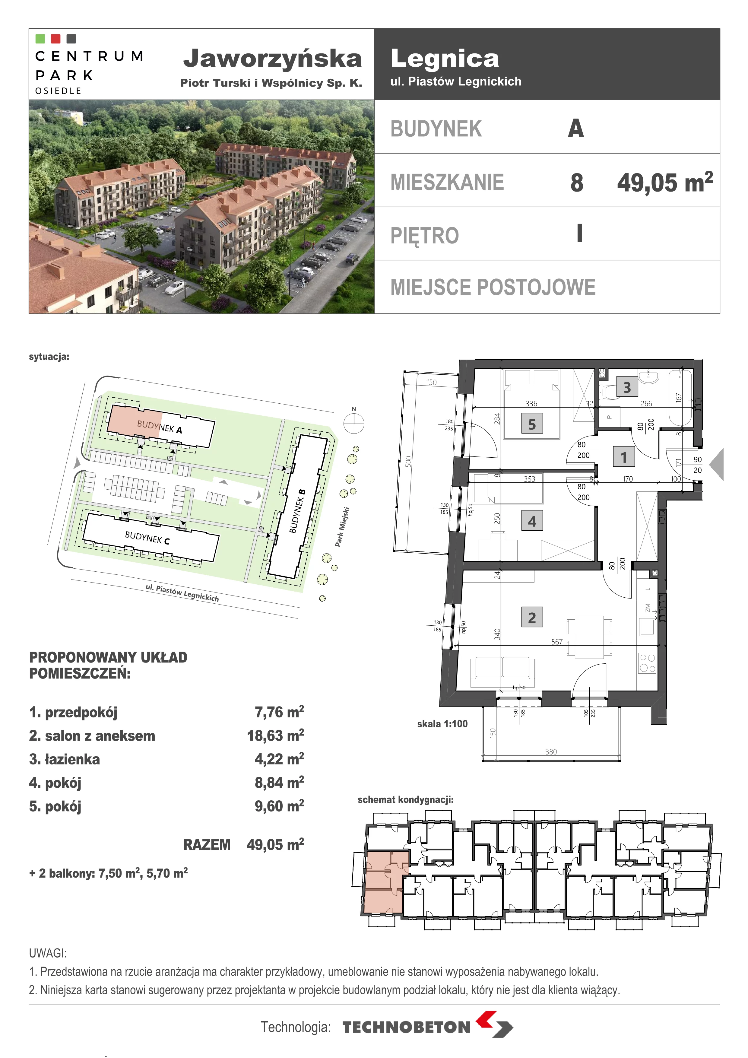 3 pokoje, mieszkanie 49,10 m², piętro 1, oferta nr LM.8, Osiedle Centrum Park, Legnica, ul. Mickiewicza 44/45