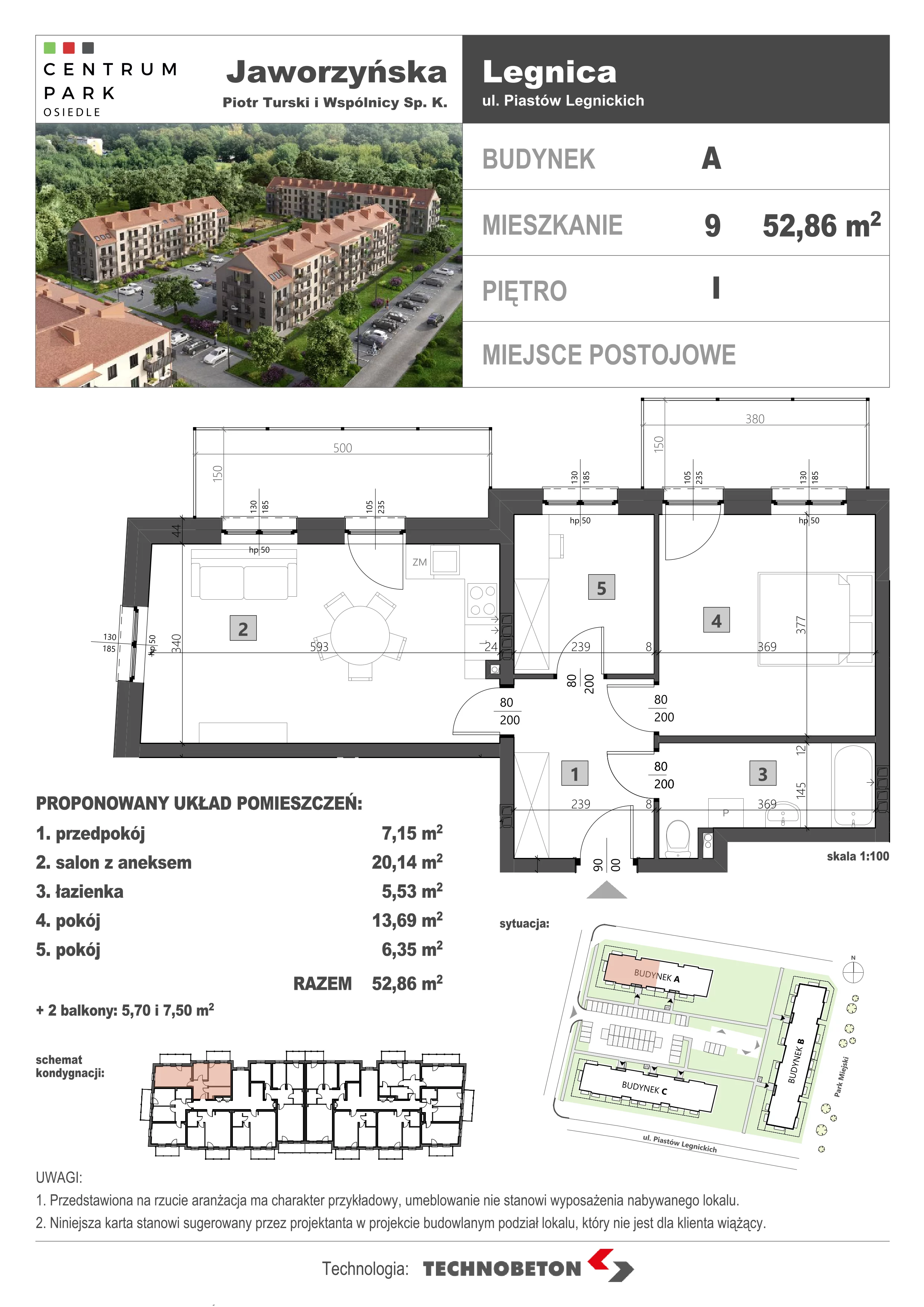 3 pokoje, mieszkanie 52,98 m², piętro 1, oferta nr LM.9, Osiedle Centrum Park, Legnica, ul. Mickiewicza 44/45