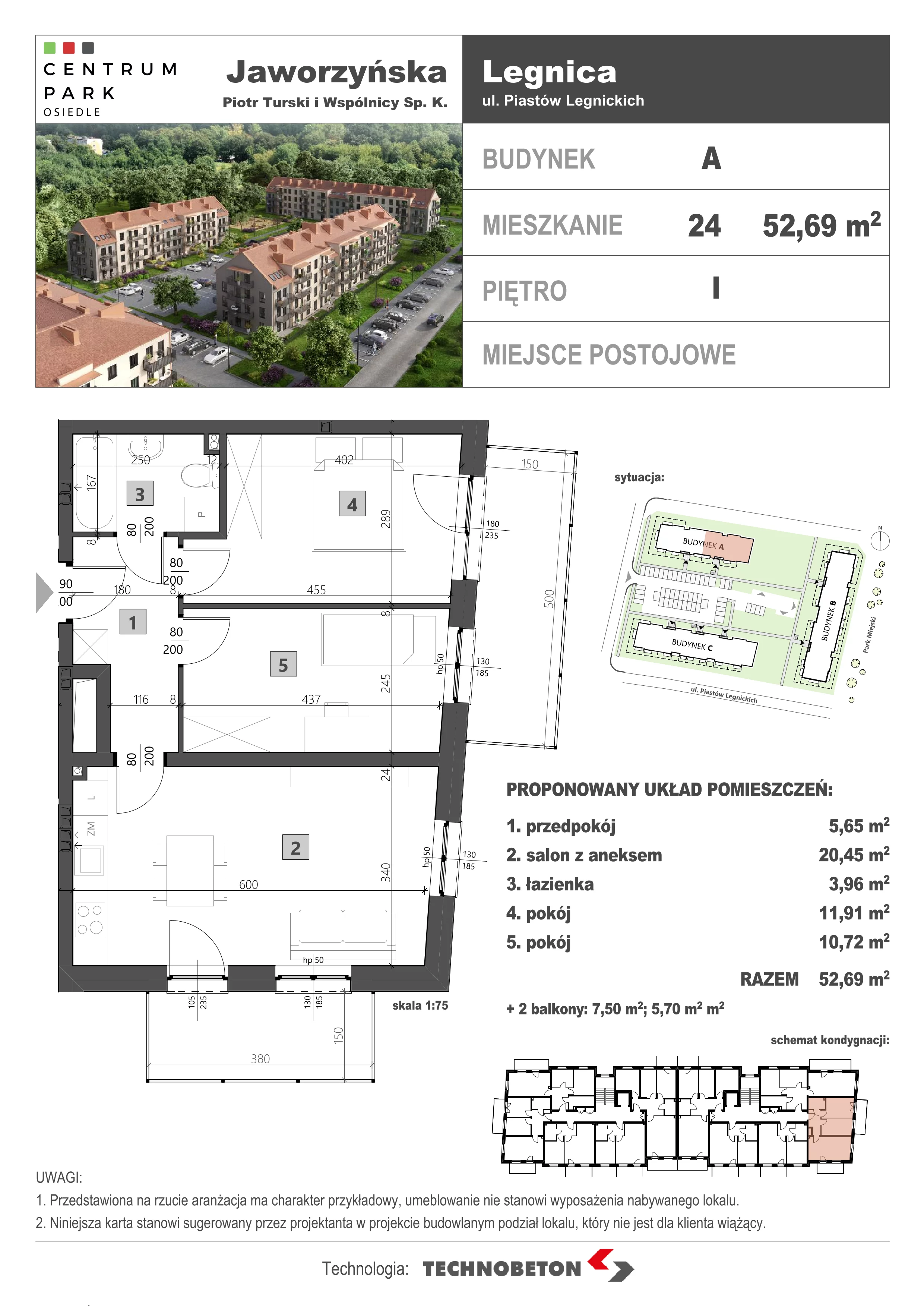 3 pokoje, mieszkanie 53,28 m², piętro 1, oferta nr LM.24, Osiedle Centrum Park, Legnica, ul. Mickiewicza 44/45