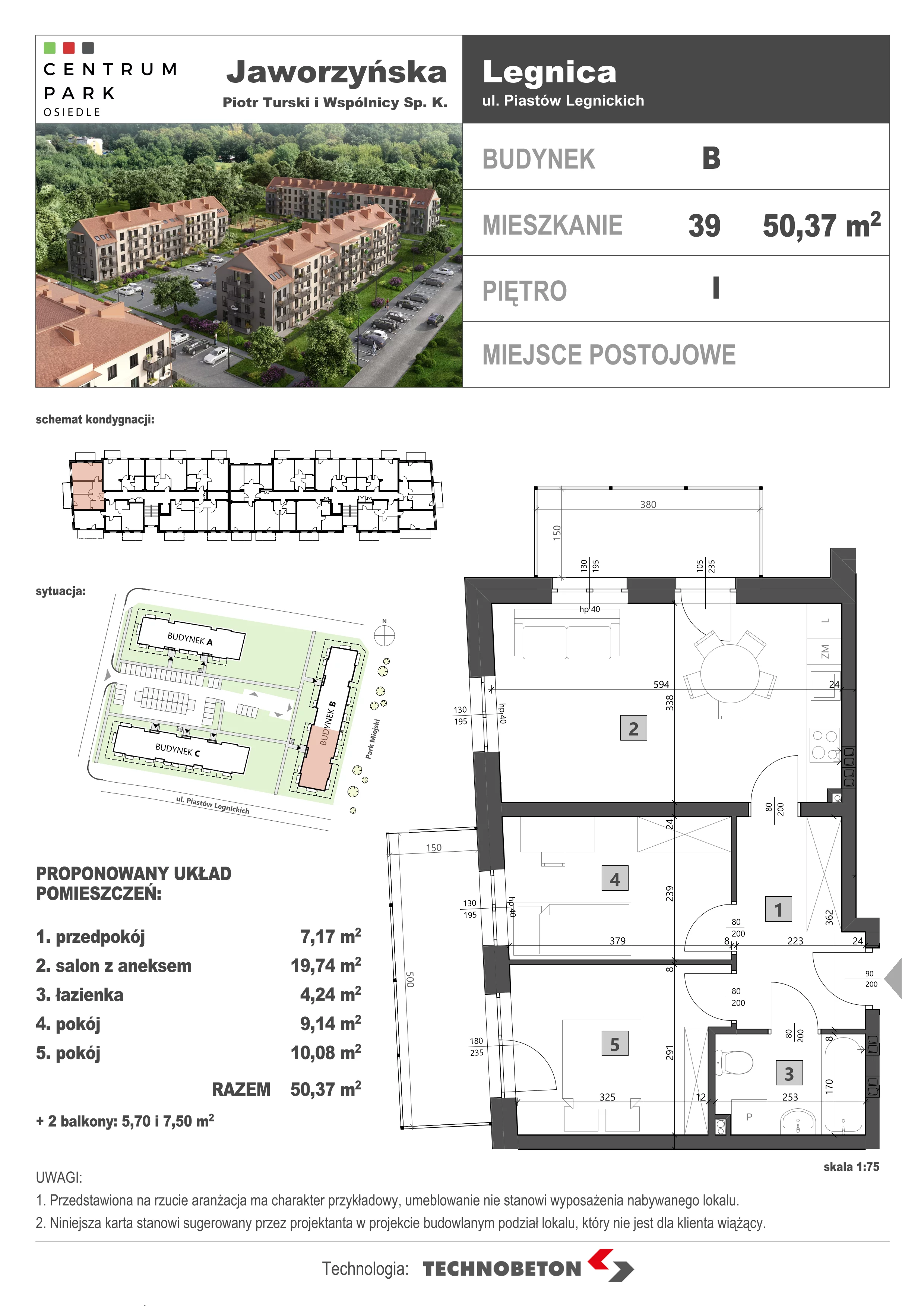 3 pokoje, mieszkanie 50,37 m², piętro 1, oferta nr LM.39, Osiedle Centrum Park, Legnica, ul. Mickiewicza 44/45