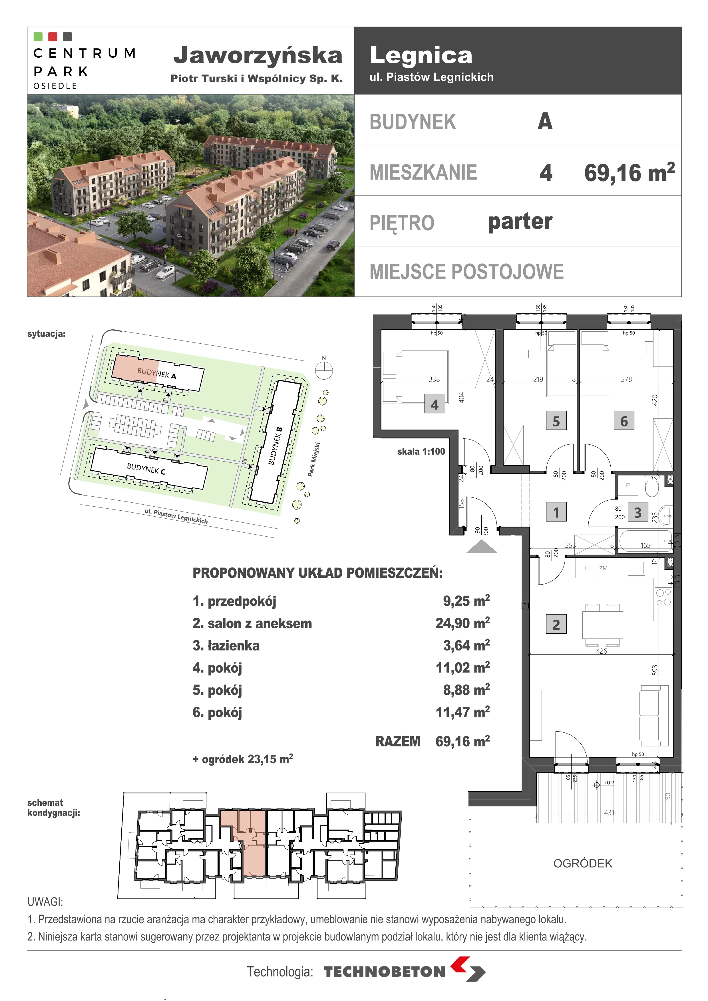 4 pokoje, mieszkanie 69,15 m², parter, oferta nr LM.4, Osiedle Centrum Park, Legnica, ul. Mickiewicza 44/45