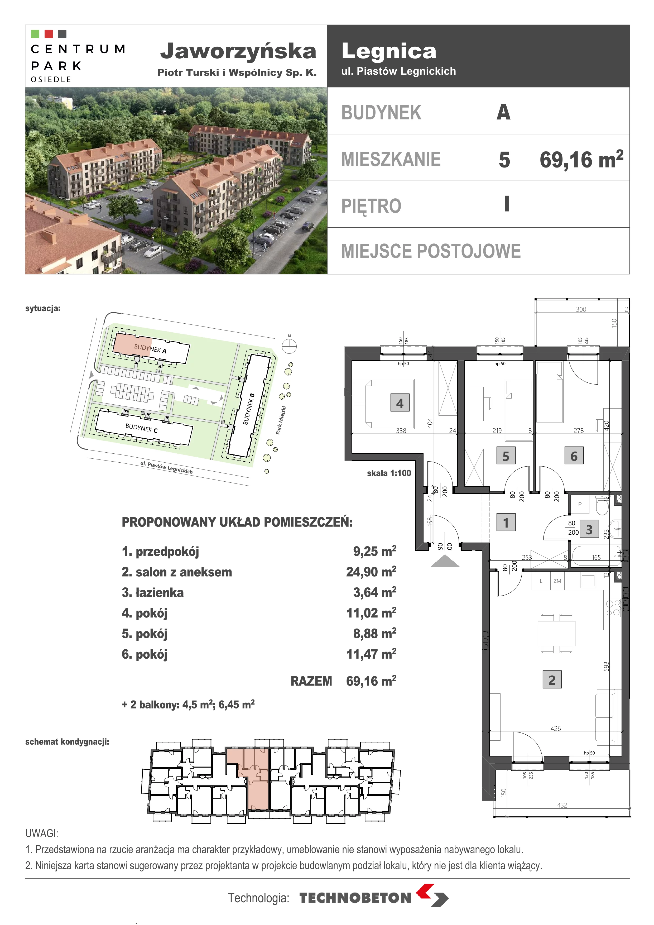 4 pokoje, mieszkanie 69,08 m², piętro 1, oferta nr LM.5, Osiedle Centrum Park, Legnica, ul. Mickiewicza 44/45