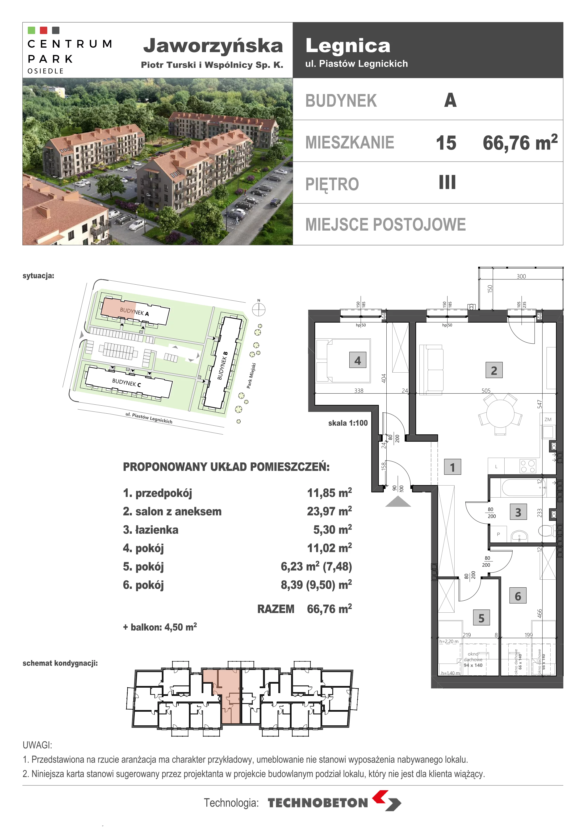 4 pokoje, mieszkanie 66,24 m², piętro 3, oferta nr LM.15, Osiedle Centrum Park, Legnica, ul. Mickiewicza 44/45