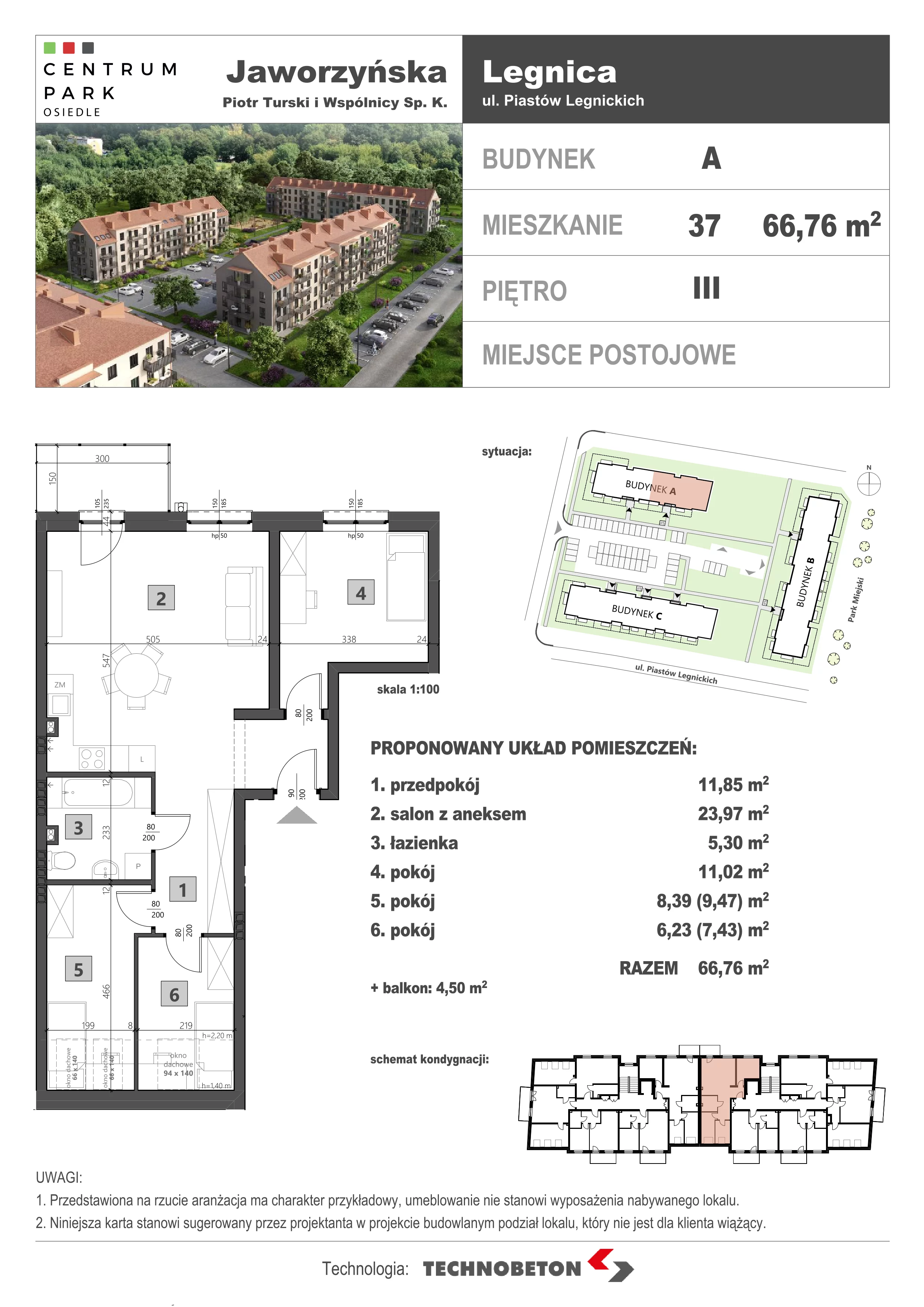 4 pokoje, mieszkanie 66,81 m², piętro 3, oferta nr LM.37, Osiedle Centrum Park, Legnica, ul. Mickiewicza 44/45