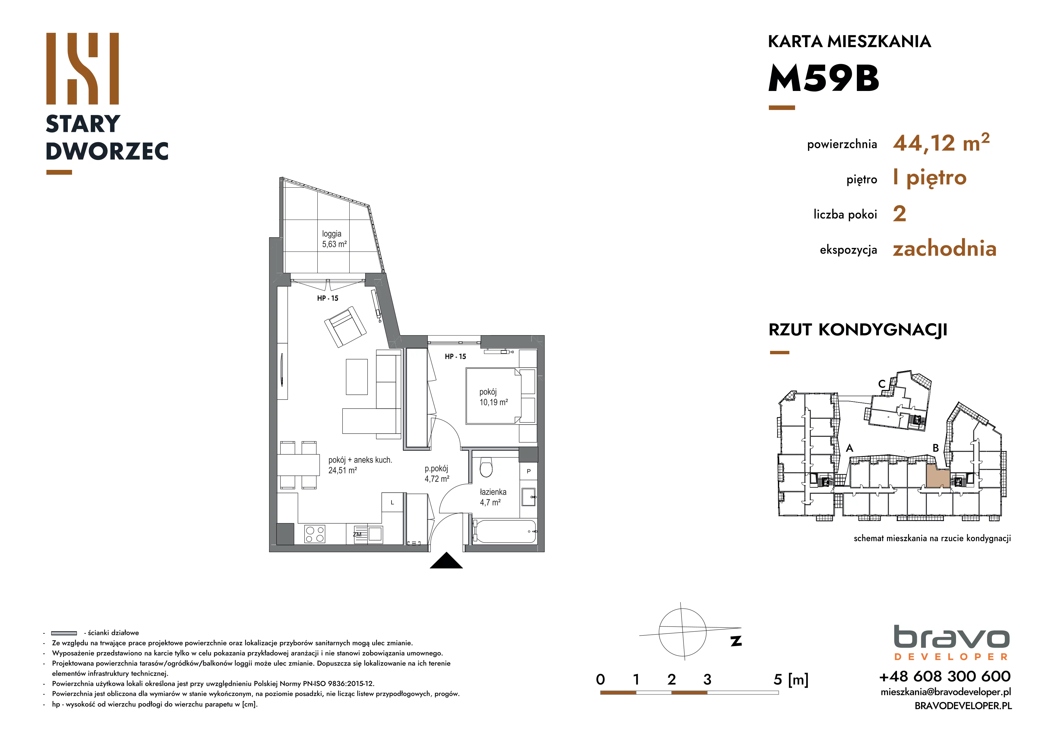 2 pokoje, mieszkanie 44,12 m², piętro 1, oferta nr M 59B, Stary Dworzec, Kartuzy, ul. Dworcowa