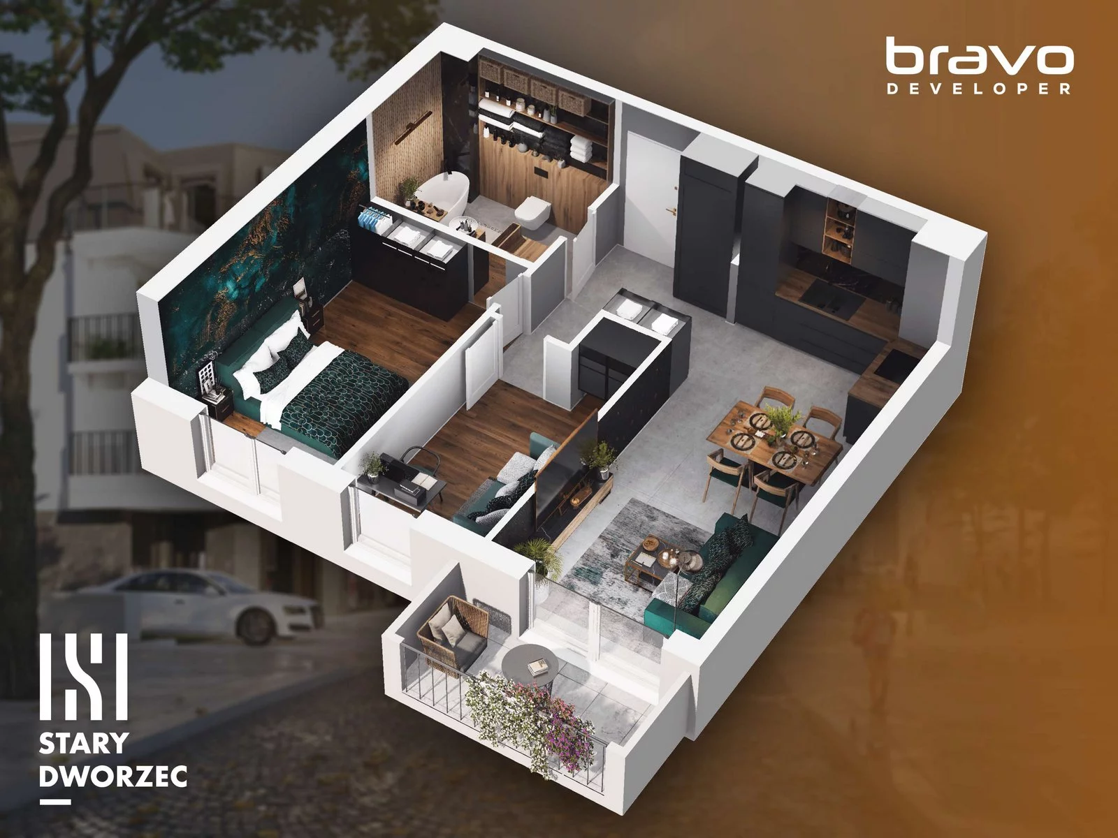 3 pokoje, mieszkanie 52,21 m², piętro 2, oferta nr M 22A, Stary Dworzec, Kartuzy, ul. Dworcowa