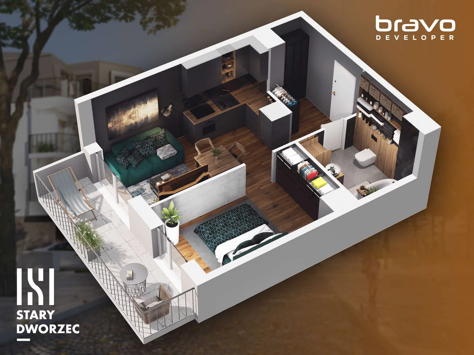 1 pokój, mieszkanie 34,56 m², piętro 1, oferta nr M 52B, Stary Dworzec, Kartuzy, ul. Dworcowa