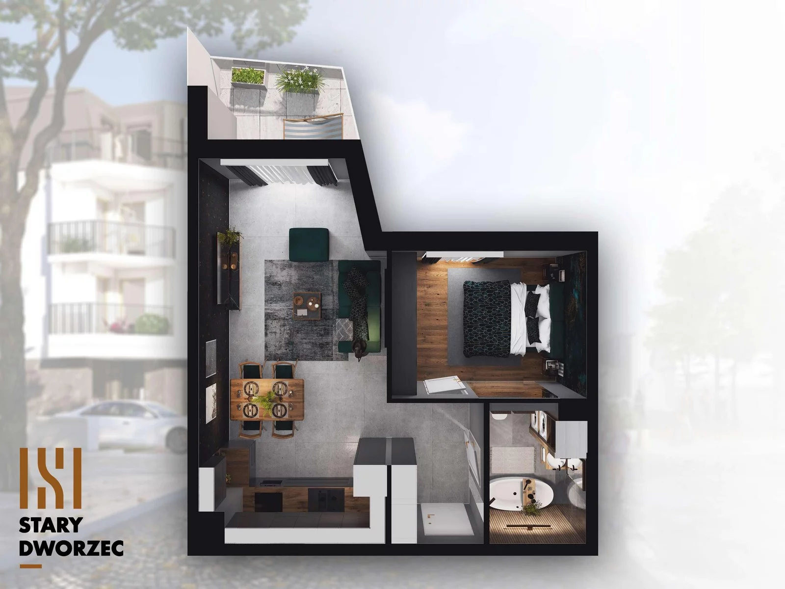 2 pokoje, mieszkanie 44,12 m², piętro 3, oferta nr M 81B, Stary Dworzec, Kartuzy, ul. Dworcowa