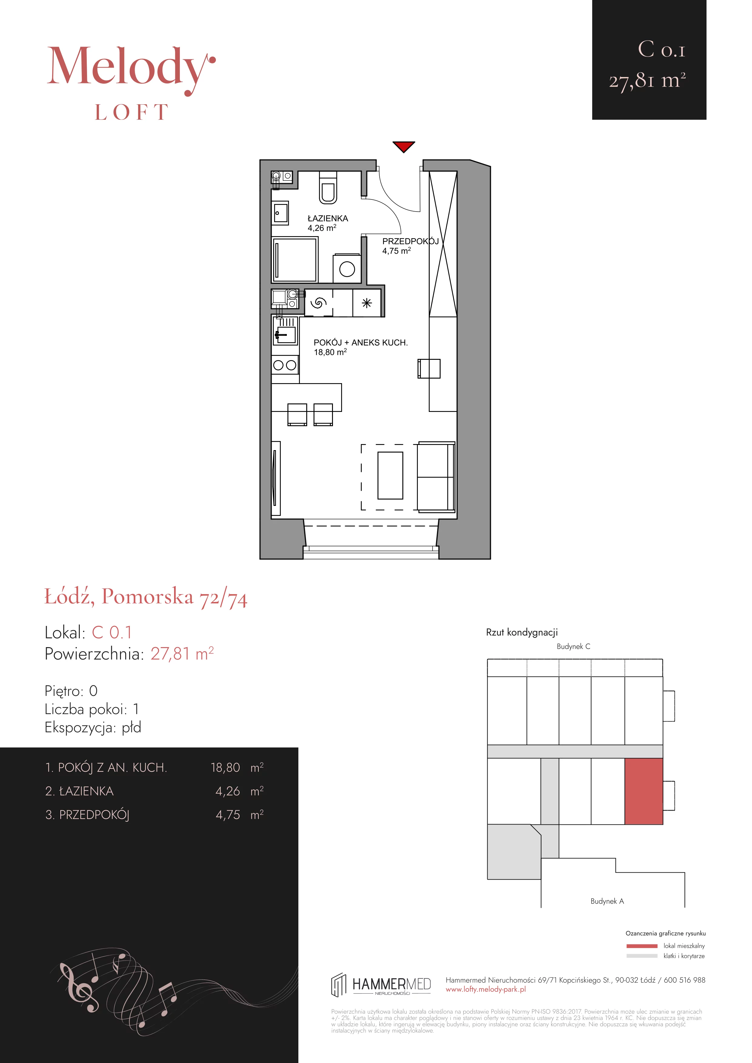 1 pokój, apartament 27,81 m², parter, oferta nr C 0.1, Melody Park, Łódź, Śródmieście, Śródmieście-Wschód, ul. Pomorska 72/74