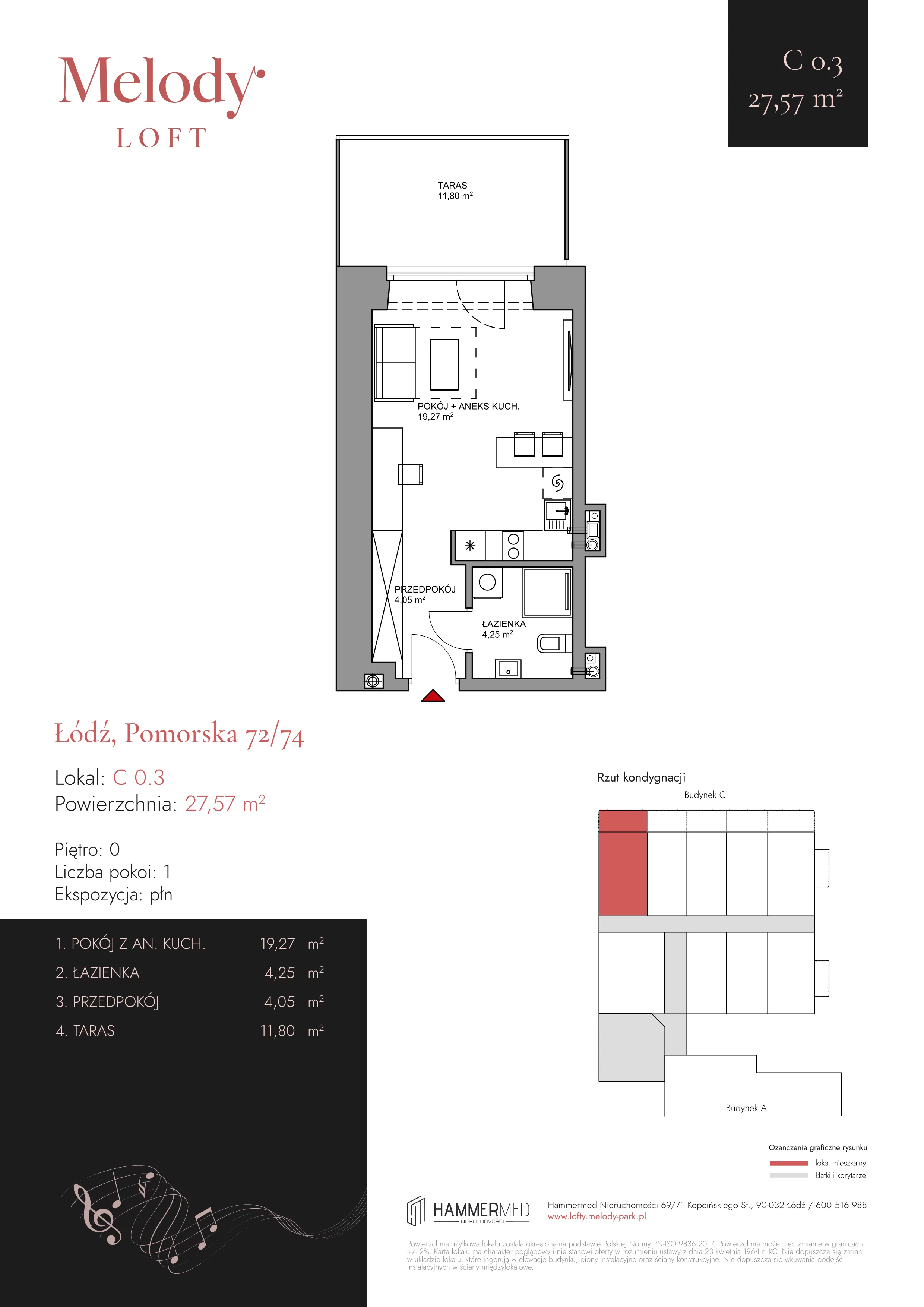 1 pokój, mieszkanie 27,57 m², parter, oferta nr C 0.3, Melody Park, Łódź, Śródmieście, Śródmieście-Wschód, ul. Pomorska 72/74