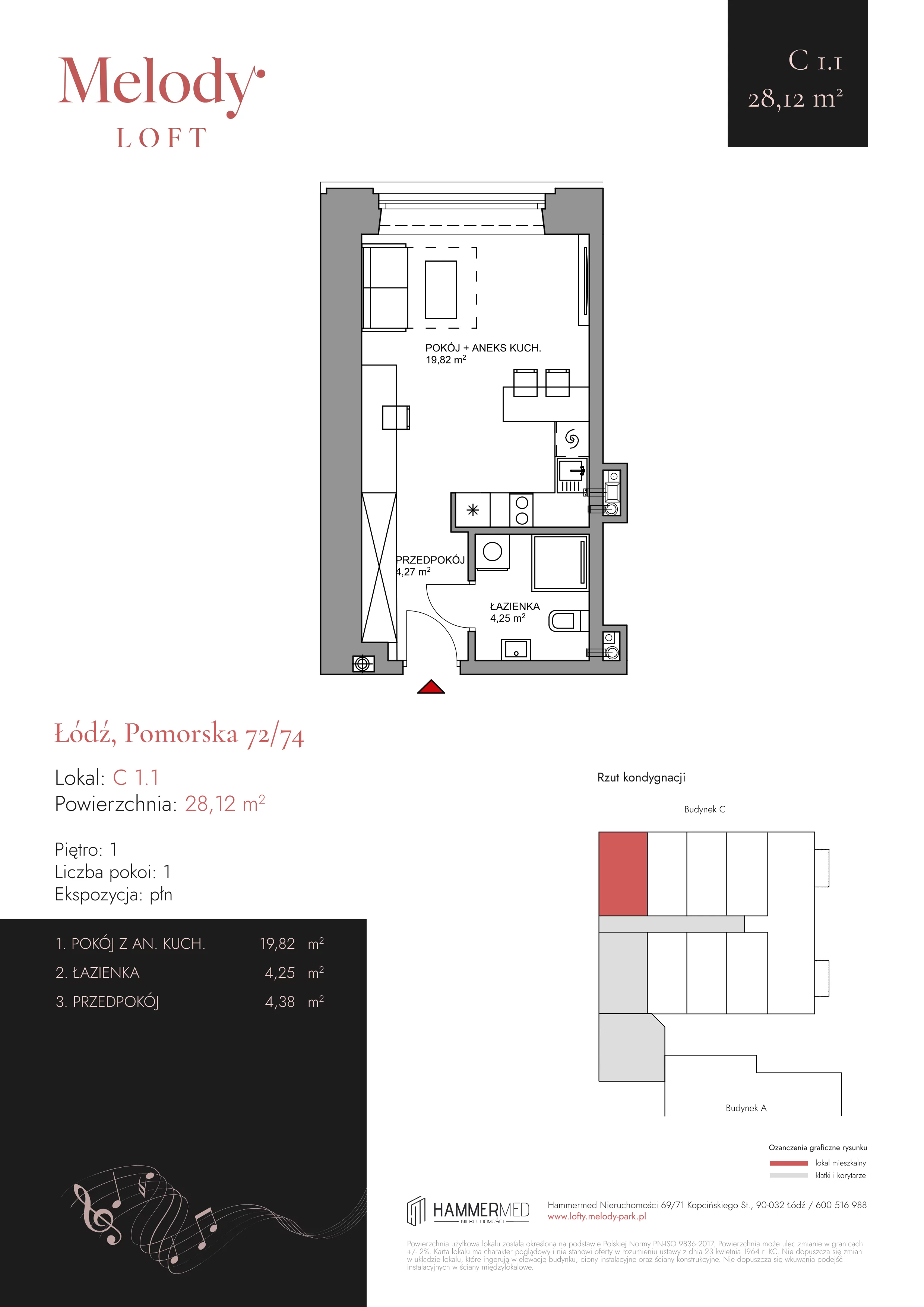 1 pokój, mieszkanie 28,12 m², piętro 1, oferta nr C 1.1, Melody Park, Łódź, Śródmieście, Śródmieście-Wschód, ul. Pomorska 72/74
