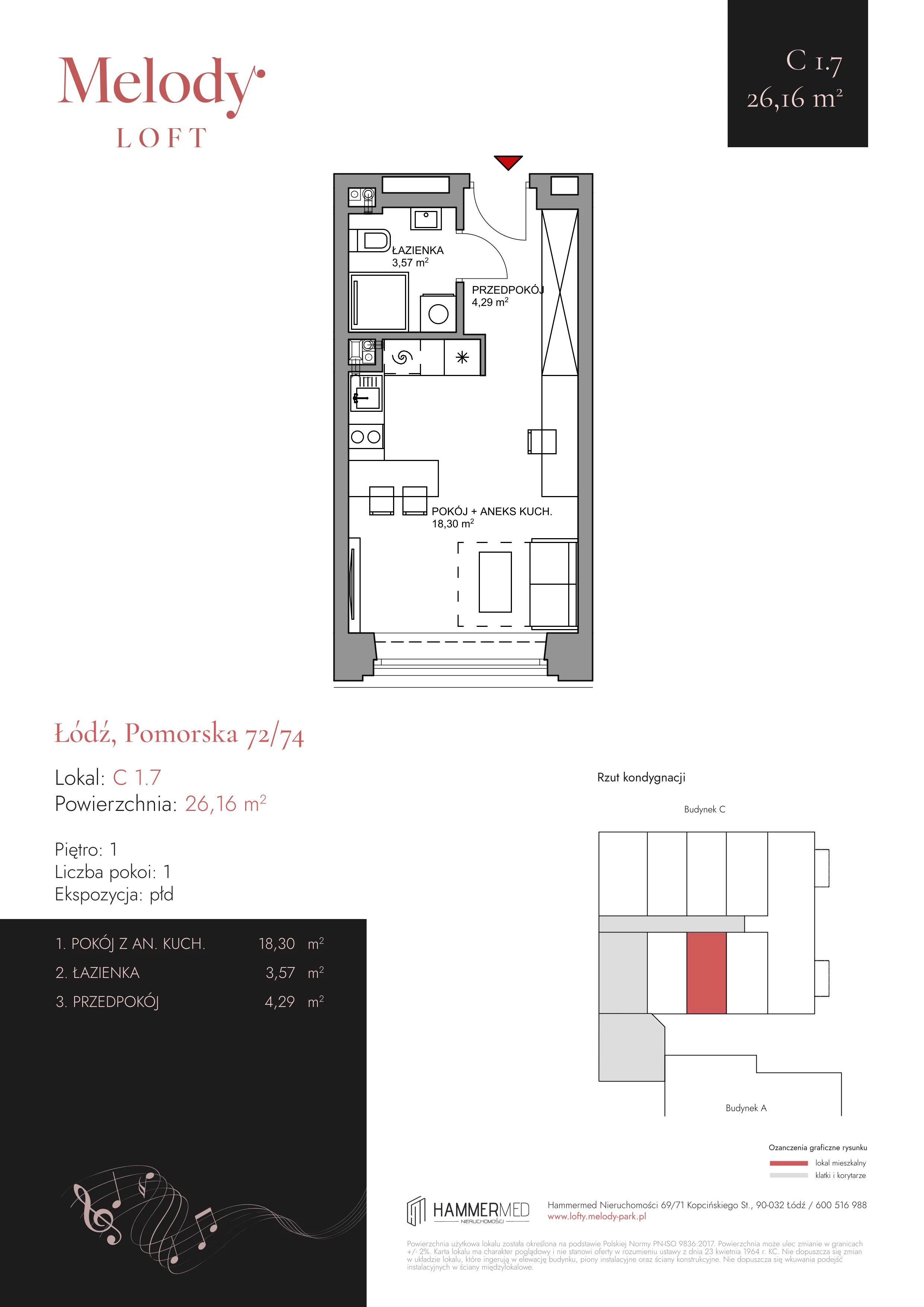 1 pokój, mieszkanie 26,04 m², piętro 1, oferta nr C 1.7, Melody Park, Łódź, Śródmieście, Śródmieście-Wschód, ul. Pomorska 72/74