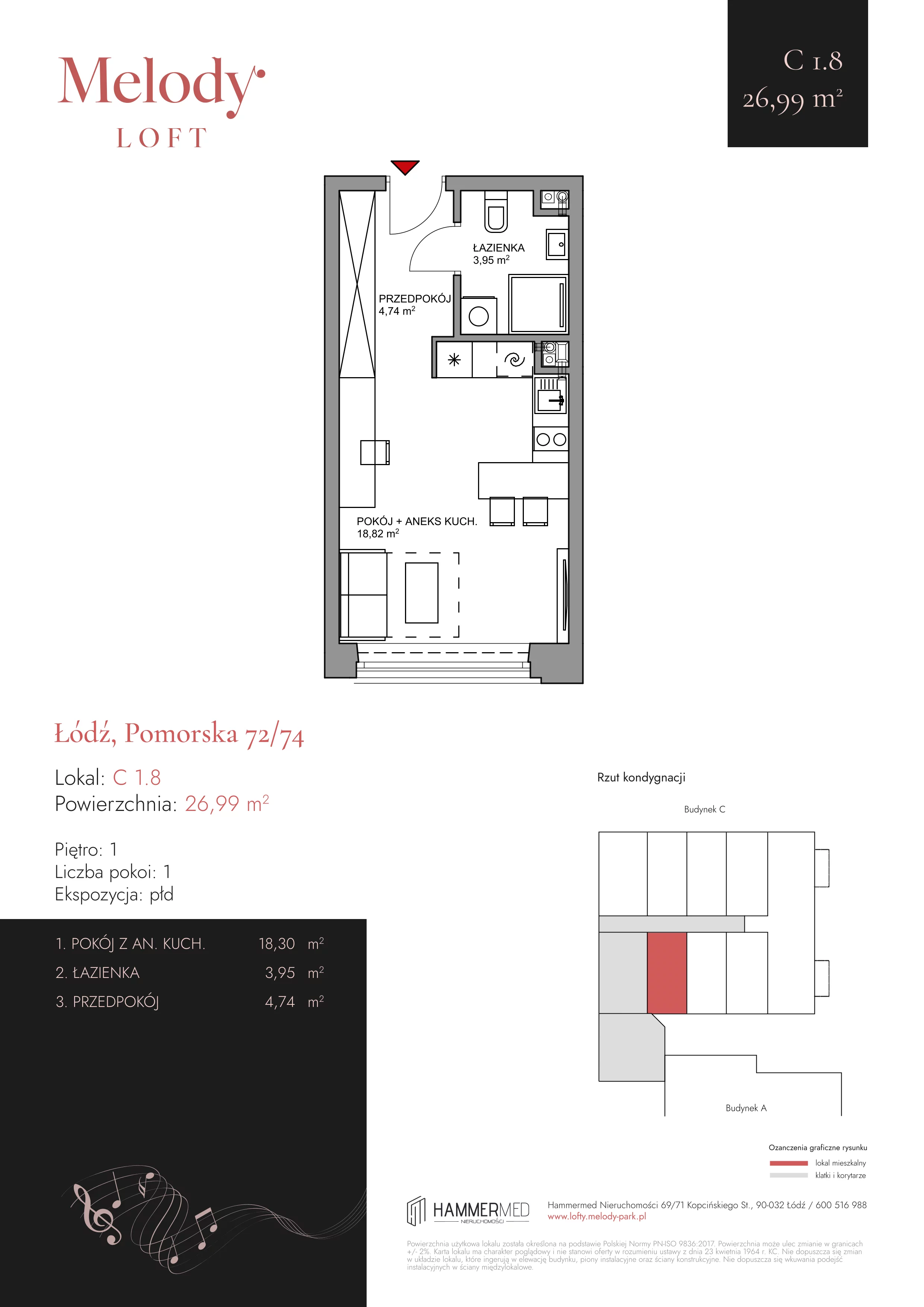 1 pokój, mieszkanie 26,87 m², piętro 1, oferta nr C 1.8, Melody Park, Łódź, Śródmieście, Śródmieście-Wschód, ul. Pomorska 72/74