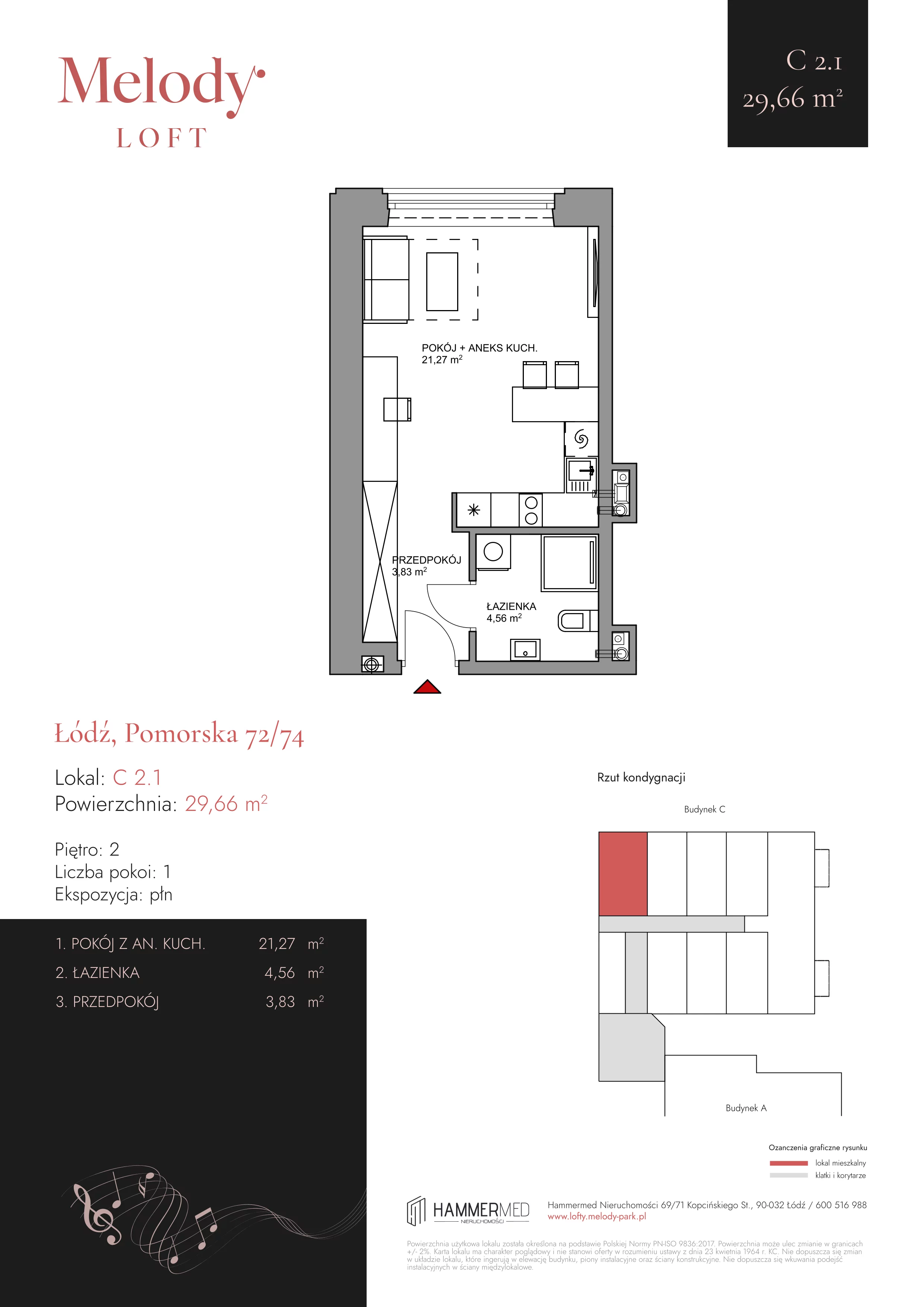 1 pokój, apartament 29,66 m², piętro 2, oferta nr C 2.1, Melody Park, Łódź, Śródmieście, Śródmieście-Wschód, ul. Pomorska 72/74