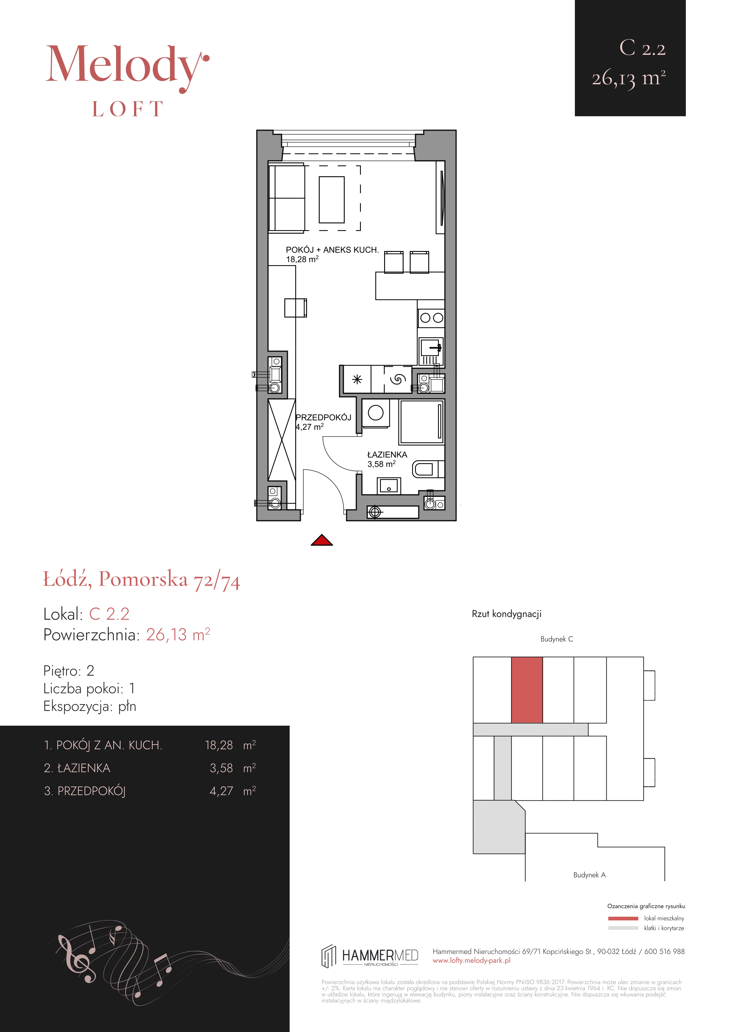 1 pokój, mieszkanie 26,13 m², piętro 2, oferta nr C 2.2, Melody Park, Łódź, Śródmieście, Śródmieście-Wschód, ul. Pomorska 72/74
