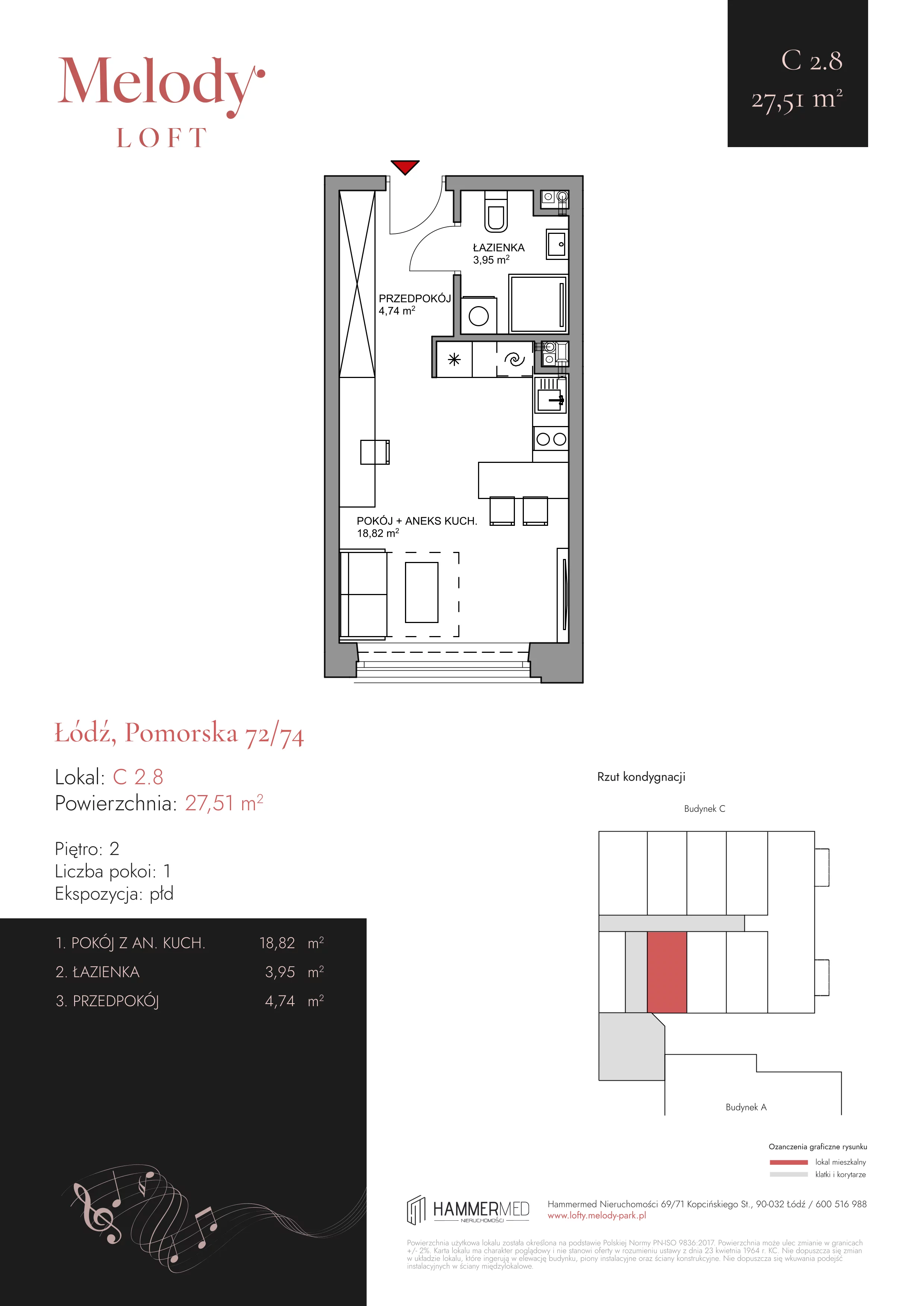 1 pokój, mieszkanie 27,39 m², piętro 2, oferta nr C 2.8, Melody Park, Łódź, Śródmieście, Śródmieście-Wschód, ul. Pomorska 72/74