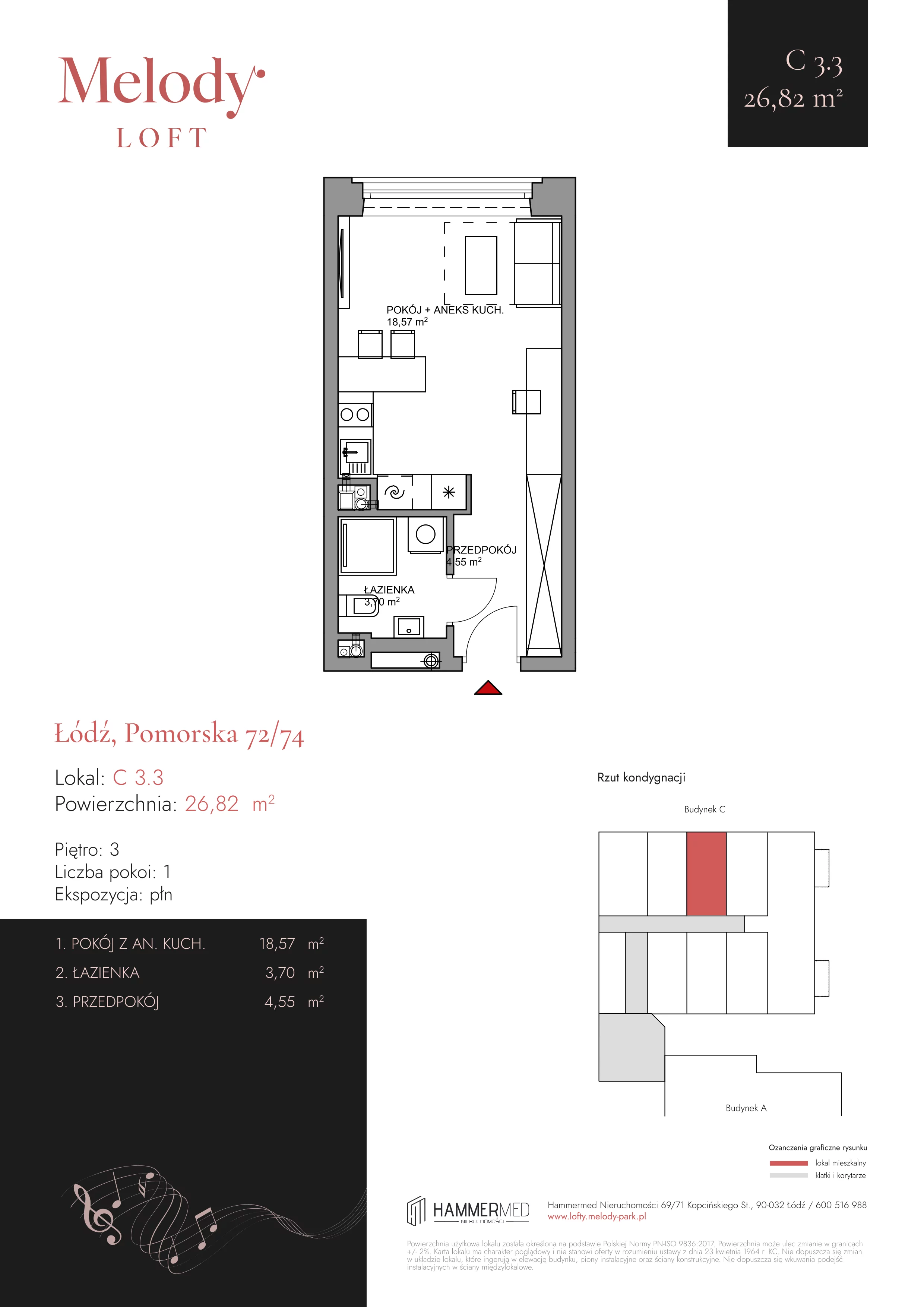 1 pokój, mieszkanie 26,82 m², piętro 3, oferta nr C 3.3, Melody Park, Łódź, Śródmieście, Śródmieście-Wschód, ul. Pomorska 72/74
