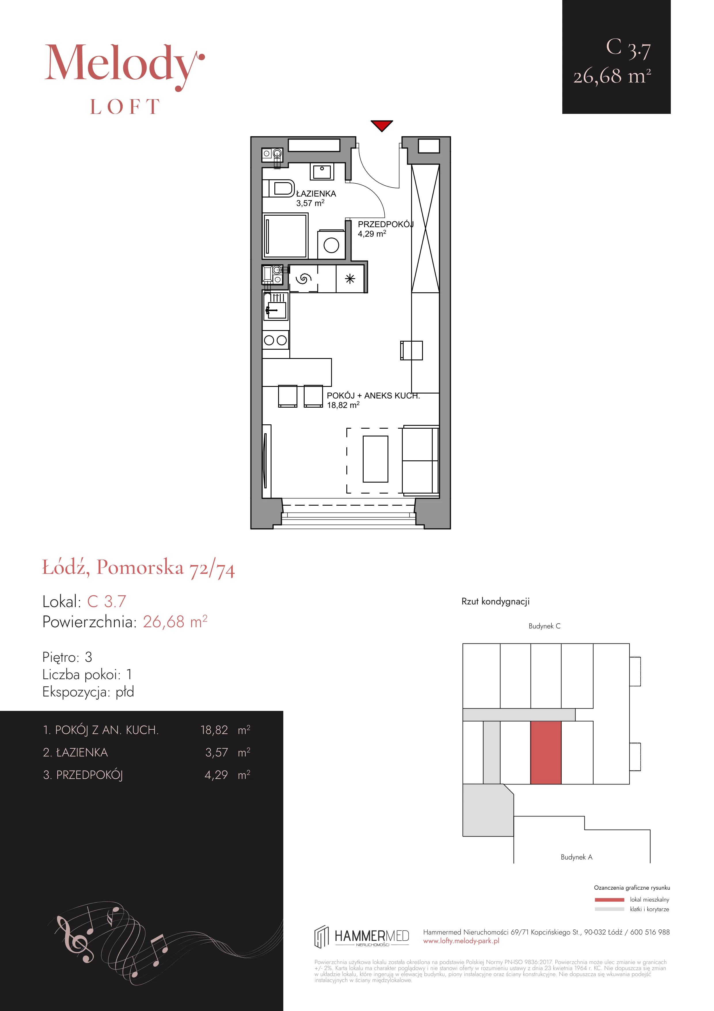 1 pokój, mieszkanie 26,56 m², piętro 3, oferta nr C 3.7, Melody Park, Łódź, Śródmieście, Śródmieście-Wschód, ul. Pomorska 72/74