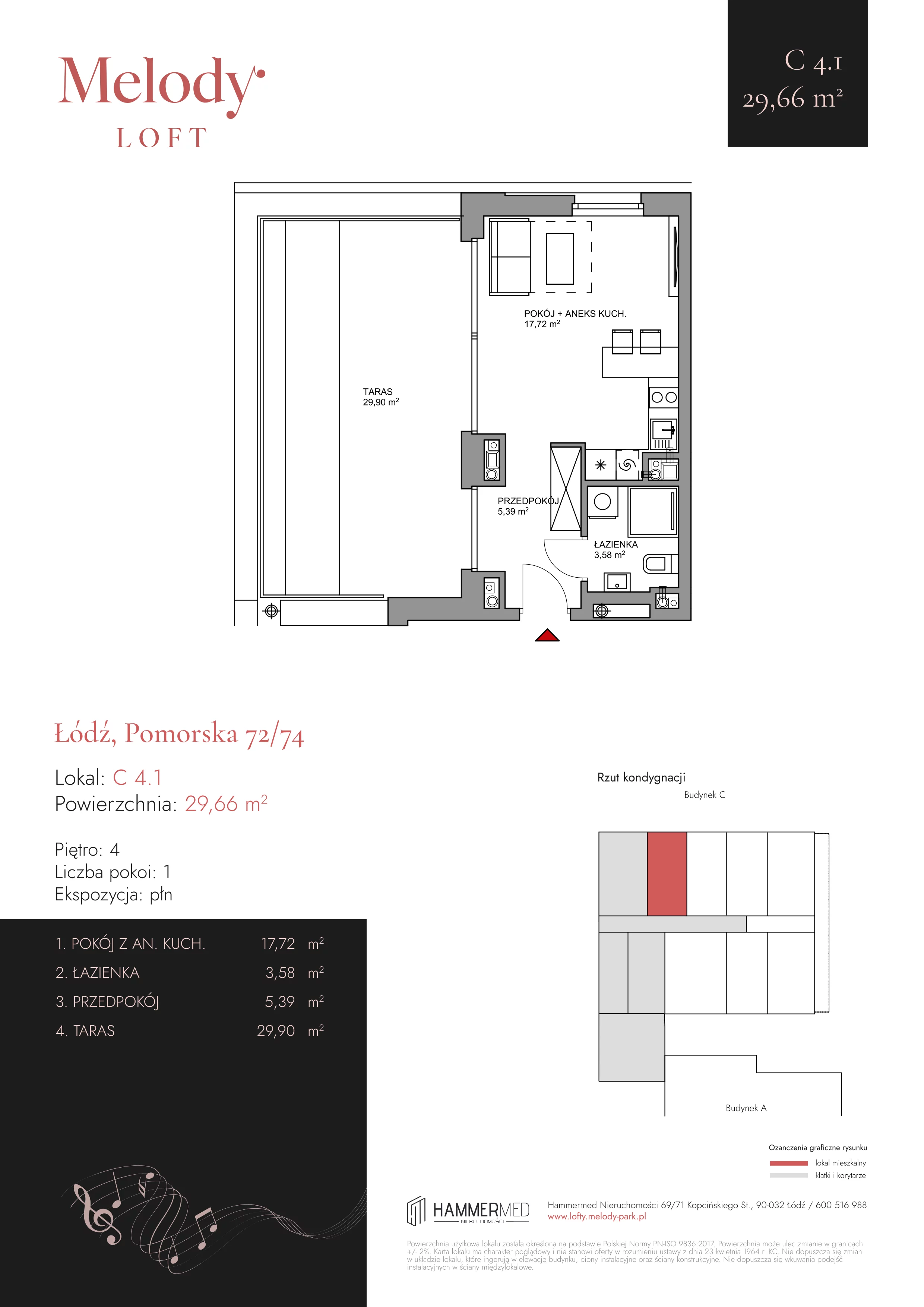 1 pokój, mieszkanie 29,69 m², piętro 4, oferta nr C 4.1, Melody Park, Łódź, Śródmieście, Śródmieście-Wschód, ul. Pomorska 72/74