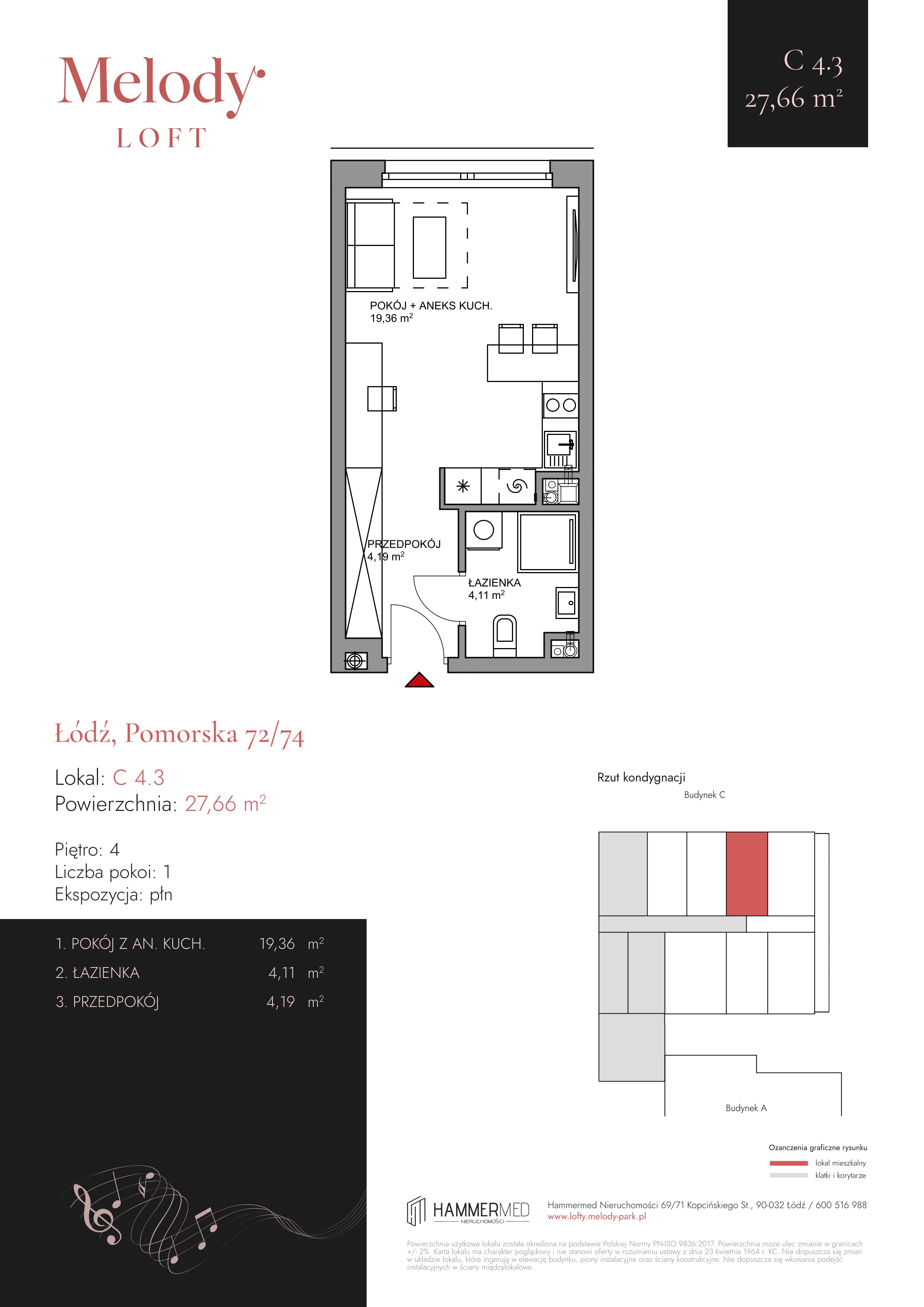 1 pokój, mieszkanie 27,66 m², piętro 4, oferta nr C 4.3, Melody Park, Łódź, Śródmieście, Śródmieście-Wschód, ul. Pomorska 72/74