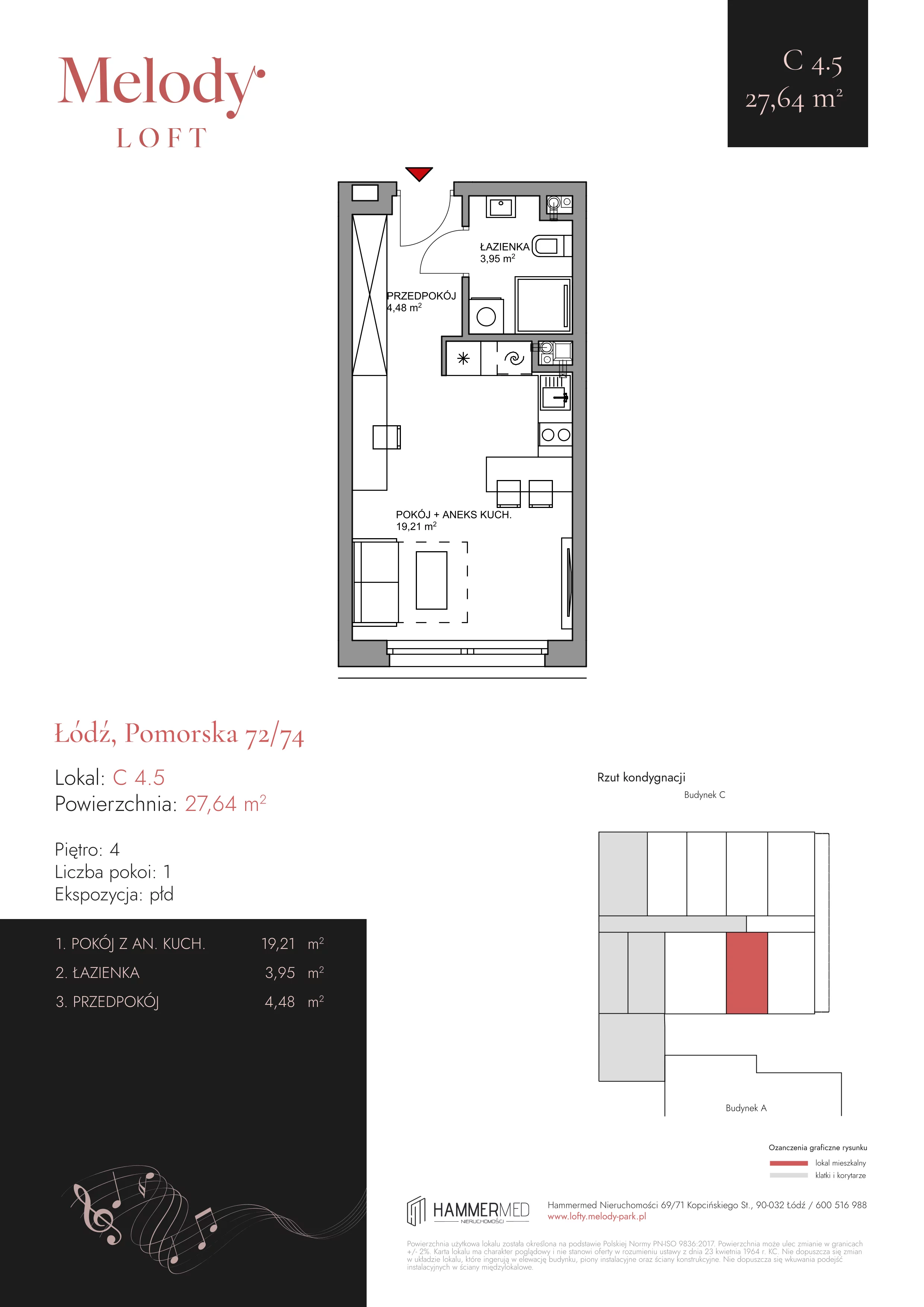 1 pokój, mieszkanie 27,64 m², piętro 4, oferta nr C 4.5, Melody Park, Łódź, Śródmieście, Śródmieście-Wschód, ul. Pomorska 72/74