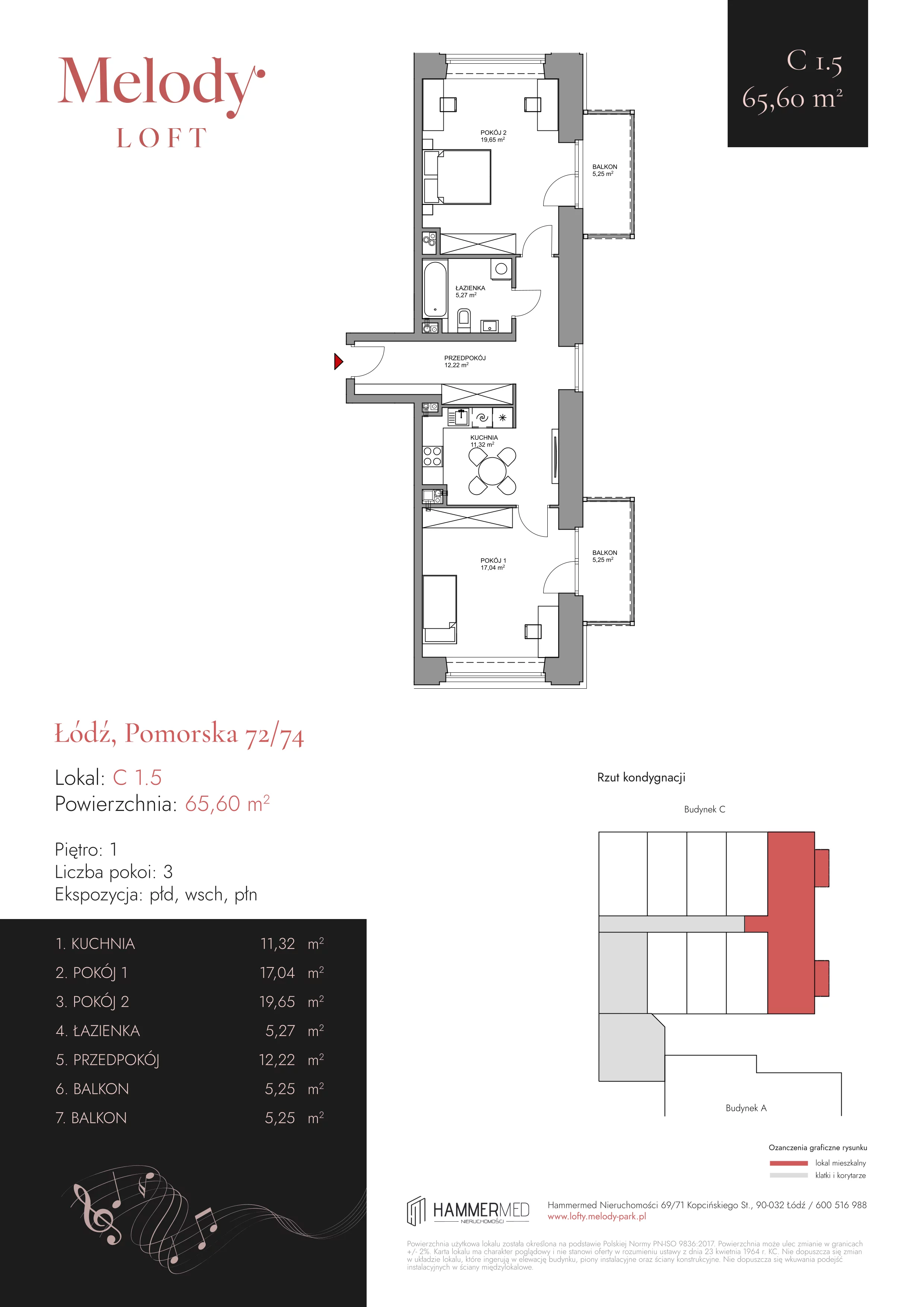 2 pokoje, apartament 65,60 m², piętro 1, oferta nr C 1.5, Melody Park, Łódź, Śródmieście, Śródmieście-Wschód, ul. Pomorska 72/74