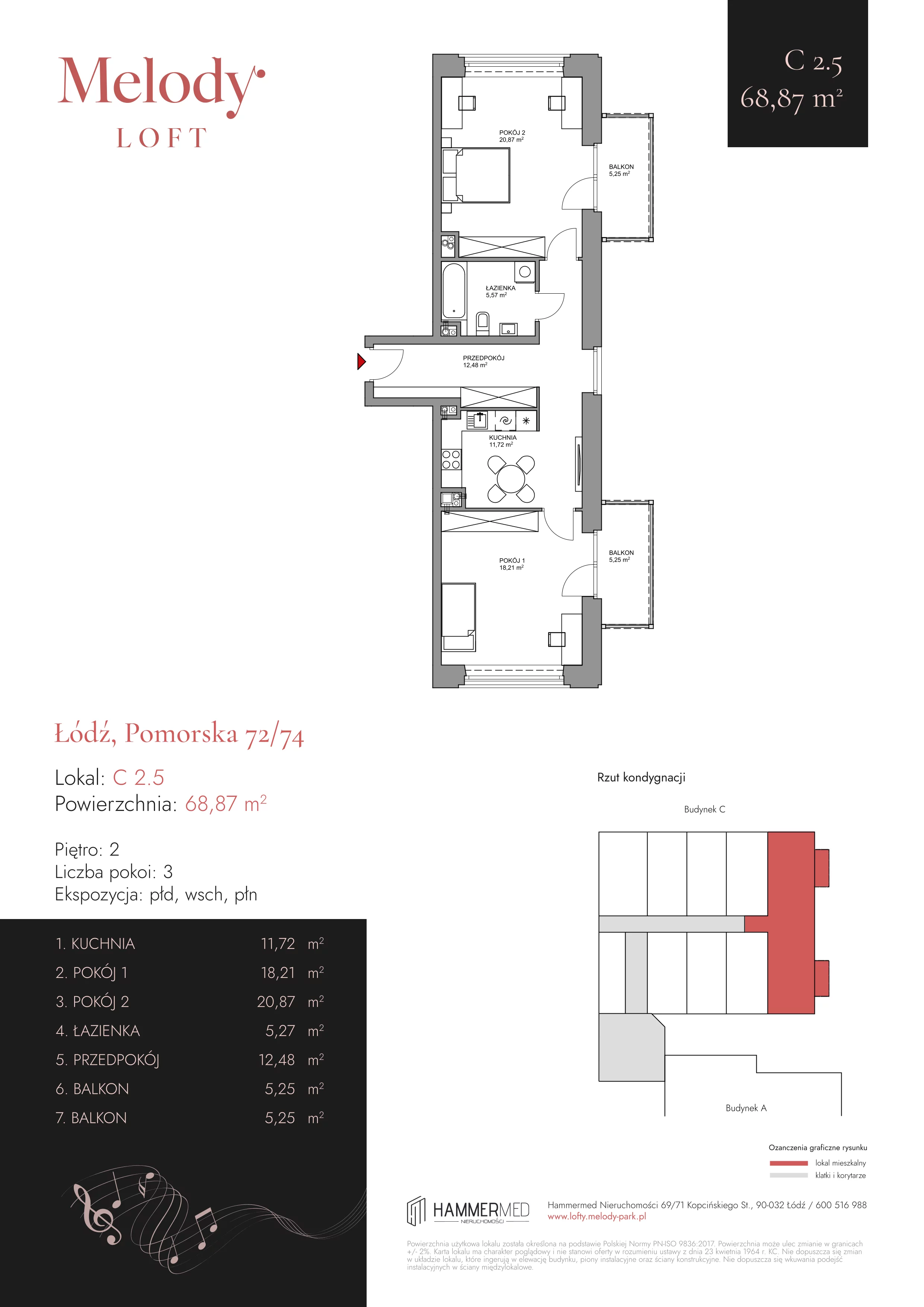 2 pokoje, apartament 68,87 m², piętro 2, oferta nr C 2.5, Melody Park, Łódź, Śródmieście, Śródmieście-Wschód, ul. Pomorska 72/74