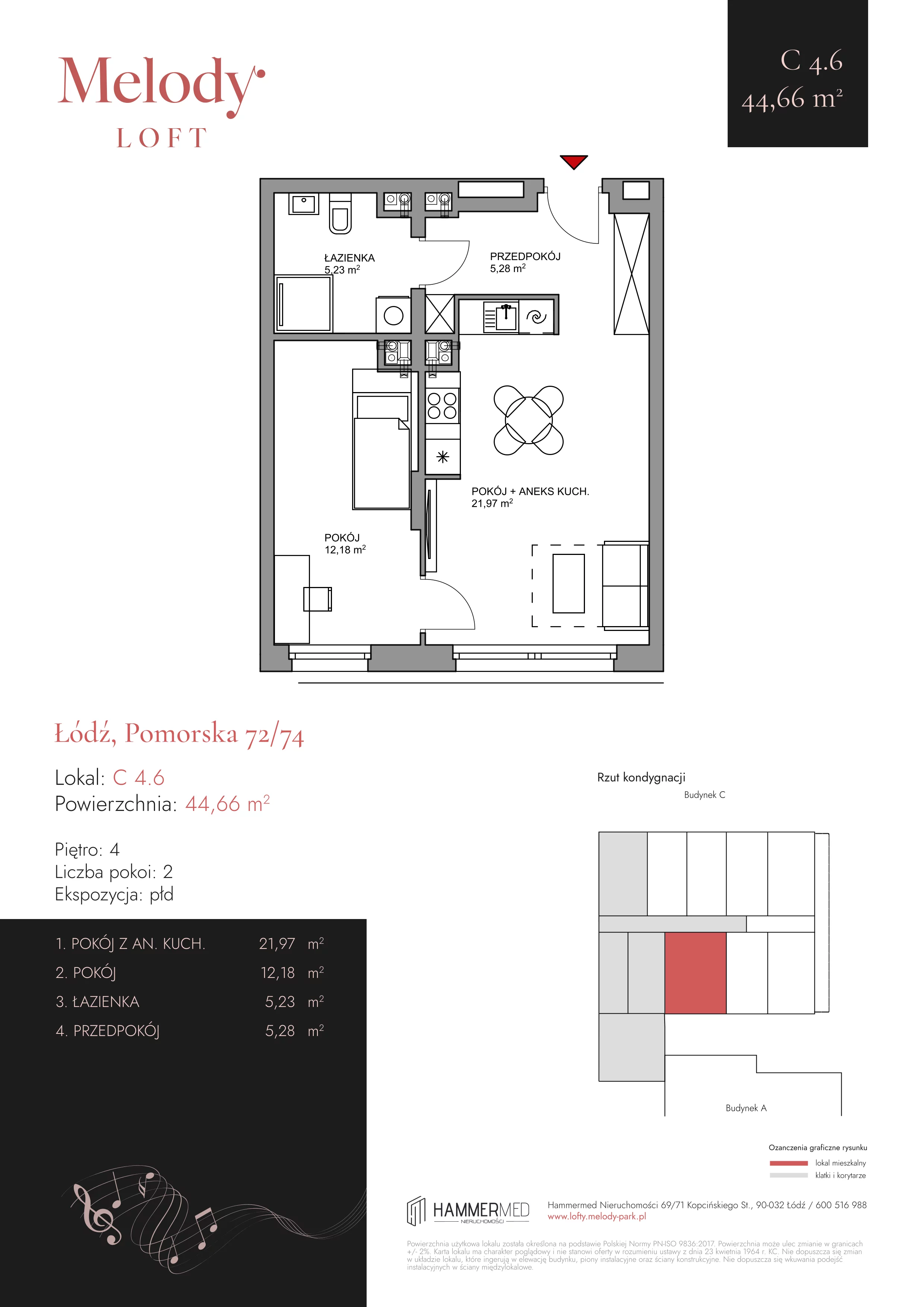 2 pokoje, apartament 44,42 m², piętro 4, oferta nr C 4.6, Melody Park, Łódź, Śródmieście, Śródmieście-Wschód, ul. Pomorska 72/74