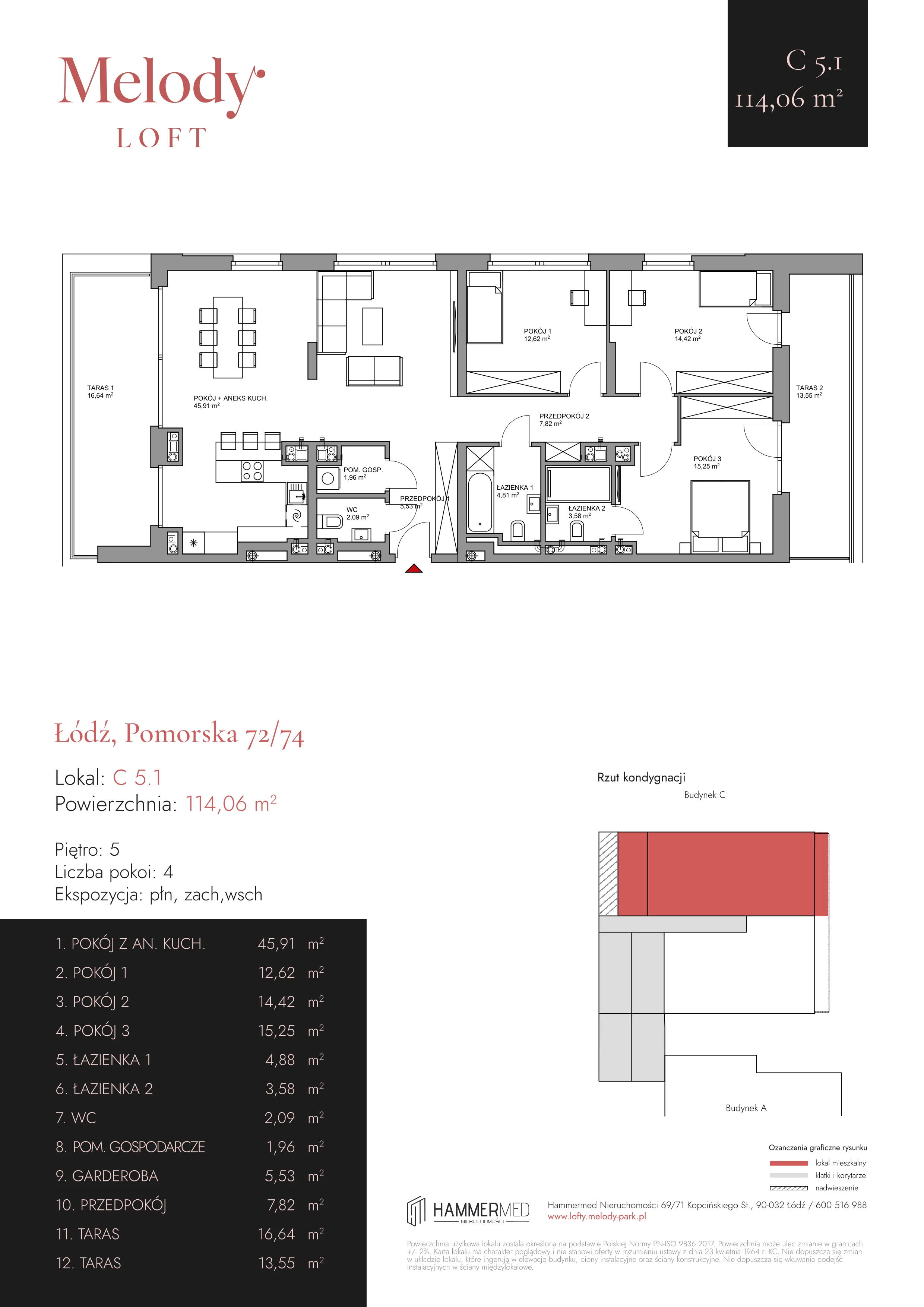 4 pokoje, apartament 114,06 m², piętro 5, oferta nr C 5.1, Melody Park, Łódź, Śródmieście, Śródmieście-Wschód, ul. Pomorska 72/74