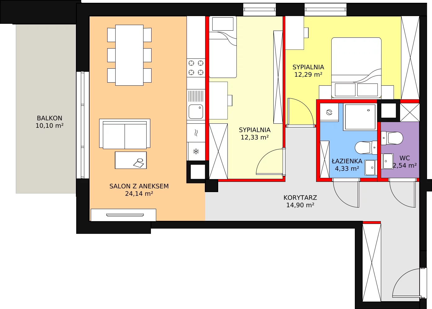 3 pokoje, mieszkanie 70,53 m², piętro 1, oferta nr B 1.4, Melody Park, Łódź, Śródmieście, Śródmieście-Wschód, ul. Pomorska 72/74