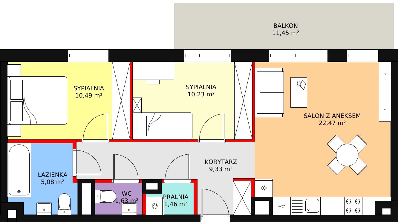 3 pokoje, mieszkanie 60,69 m², piętro 1, oferta nr B 1.9, Melody Park, Łódź, Śródmieście, Śródmieście-Wschód, ul. Pomorska 72/74