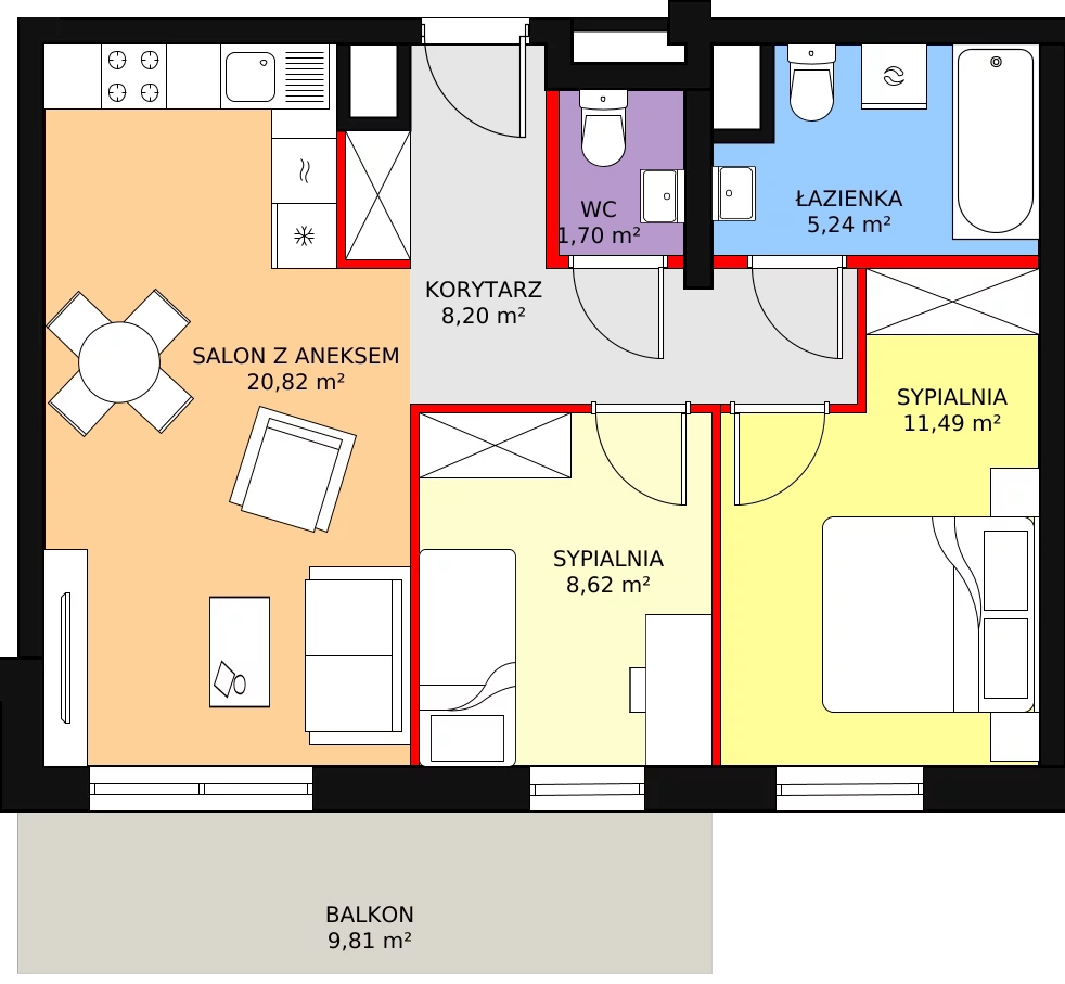 3 pokoje, mieszkanie 56,07 m², piętro 5, oferta nr B 5.14, Melody Park, Łódź, Śródmieście, Śródmieście-Wschód, ul. Pomorska 72/74