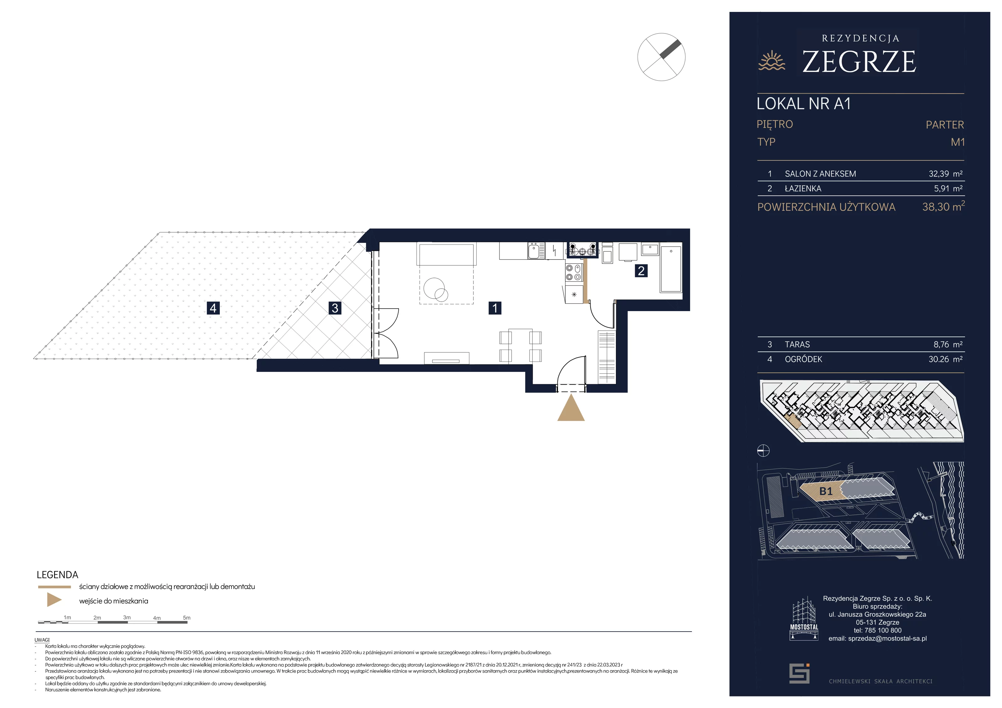Mieszkanie 38,30 m², parter, oferta nr B1.1.A.1, Rezydencja Zegrze II, Zegrze, ul. Groszkowskiego 22A