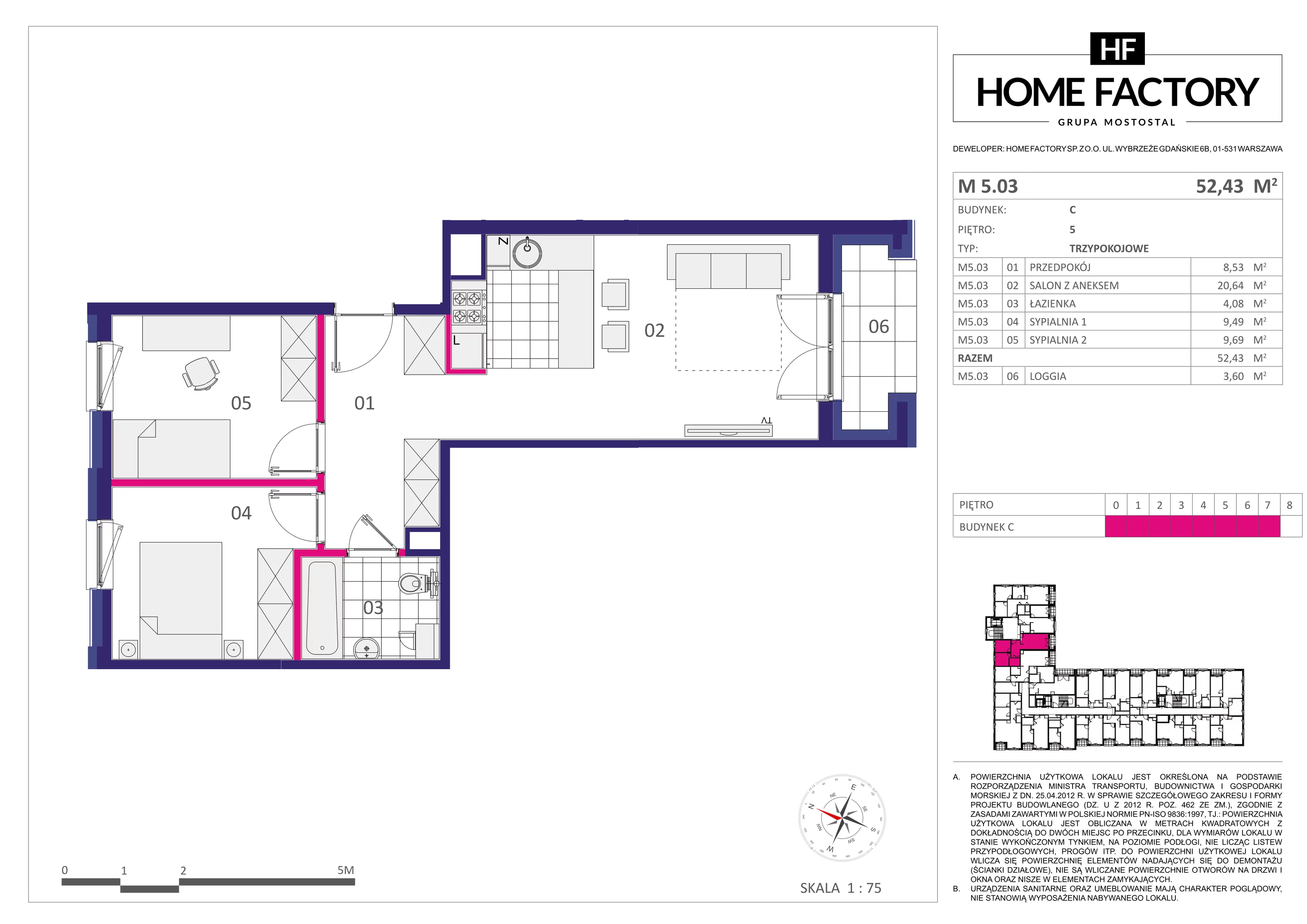 3 pokoje, mieszkanie 52,43 m², piętro 5, oferta nr M5.03, Home Factory etap III, Warszawa, Praga Północ, Pelcowizna, ul. Kotsisa