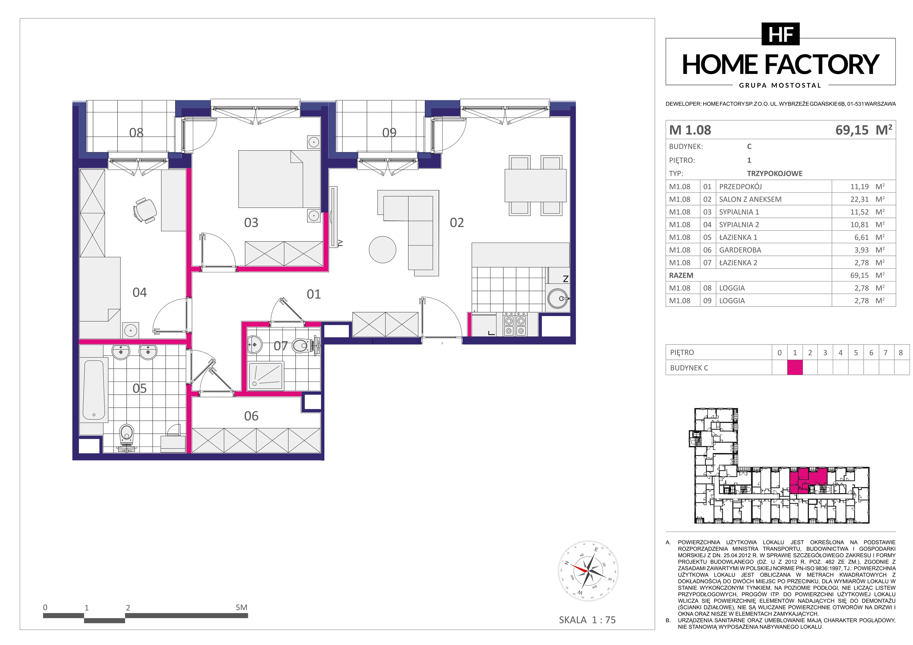 3 pokoje, mieszkanie 69,15 m², piętro 1, oferta nr M1.08, Home Factory etap III, Warszawa, Praga Północ, Pelcowizna, ul. Kotsisa