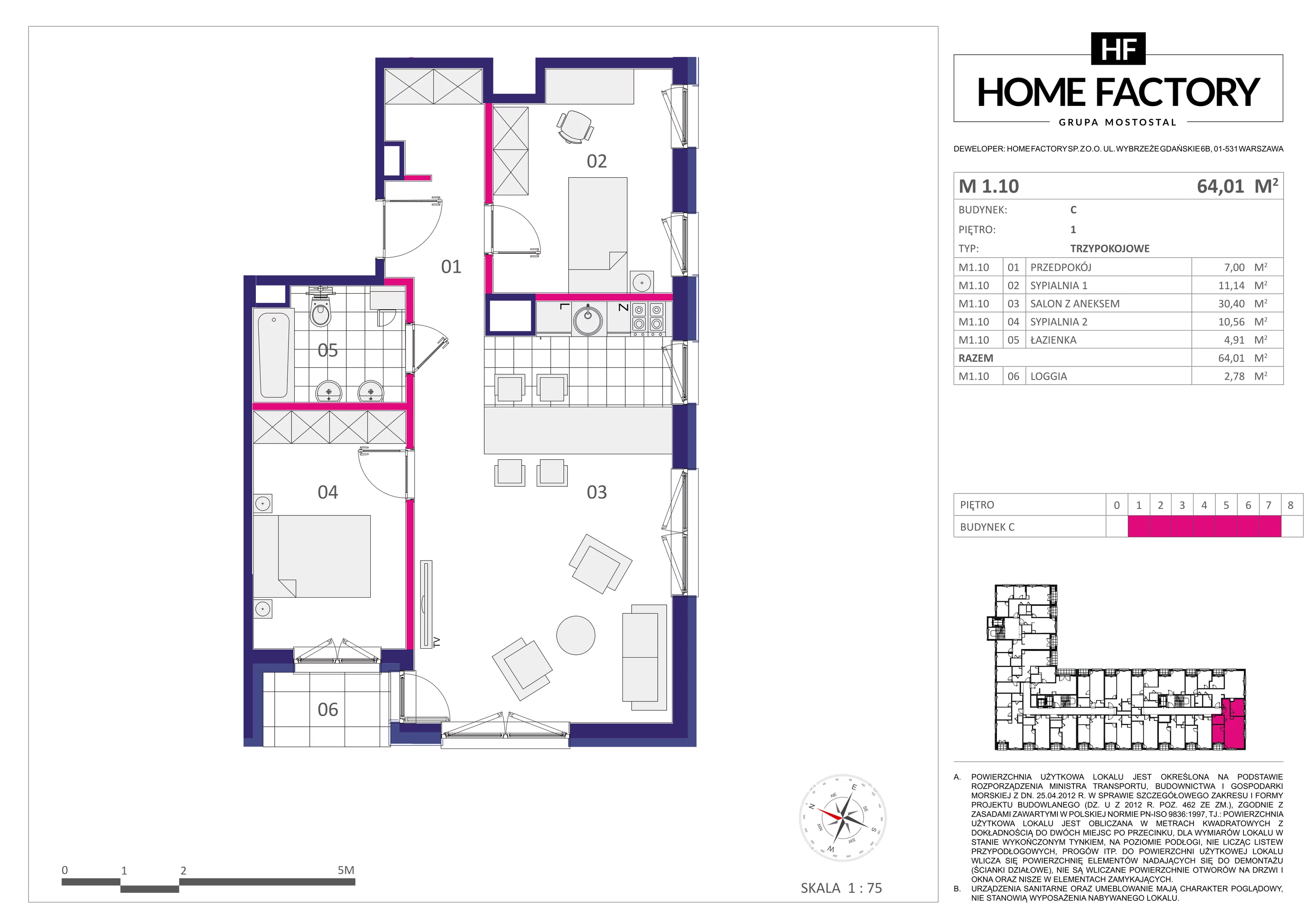 3 pokoje, mieszkanie 64,01 m², piętro 1, oferta nr M1.10, Home Factory etap III, Warszawa, Praga Północ, Pelcowizna, ul. Kotsisa