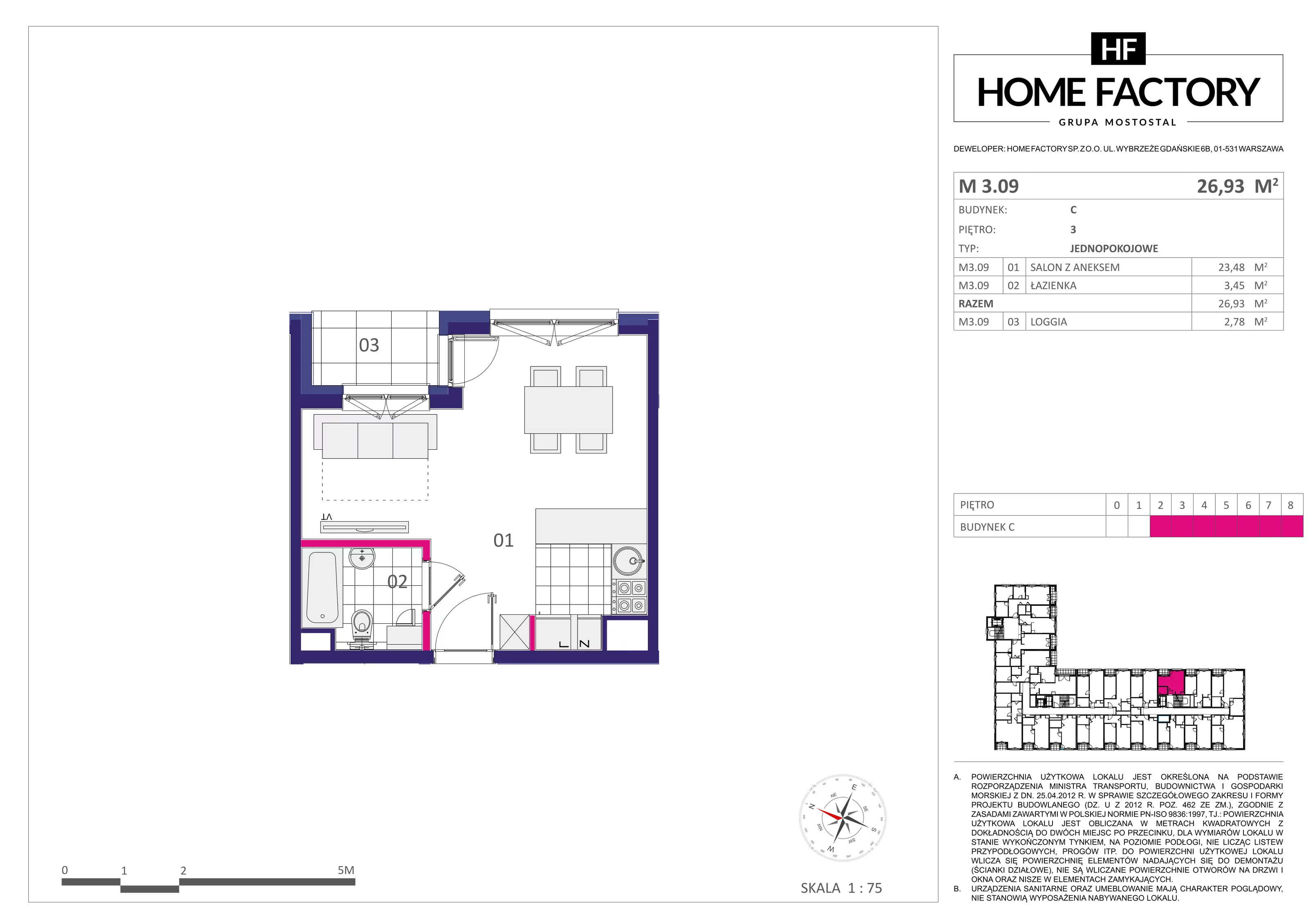 1 pokój, mieszkanie 26,93 m², piętro 3, oferta nr M3.09, Home Factory etap III, Warszawa, Praga Północ, Pelcowizna, ul. Kotsisa