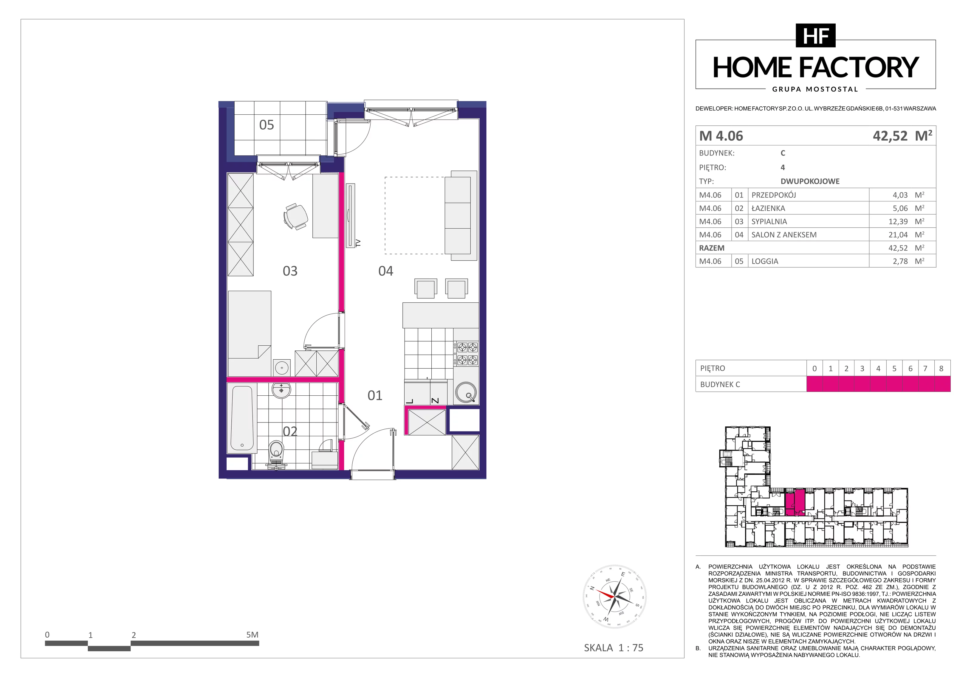 2 pokoje, mieszkanie 42,52 m², piętro 4, oferta nr M4.06, Home Factory etap III, Warszawa, Praga Północ, Pelcowizna, ul. Kotsisa