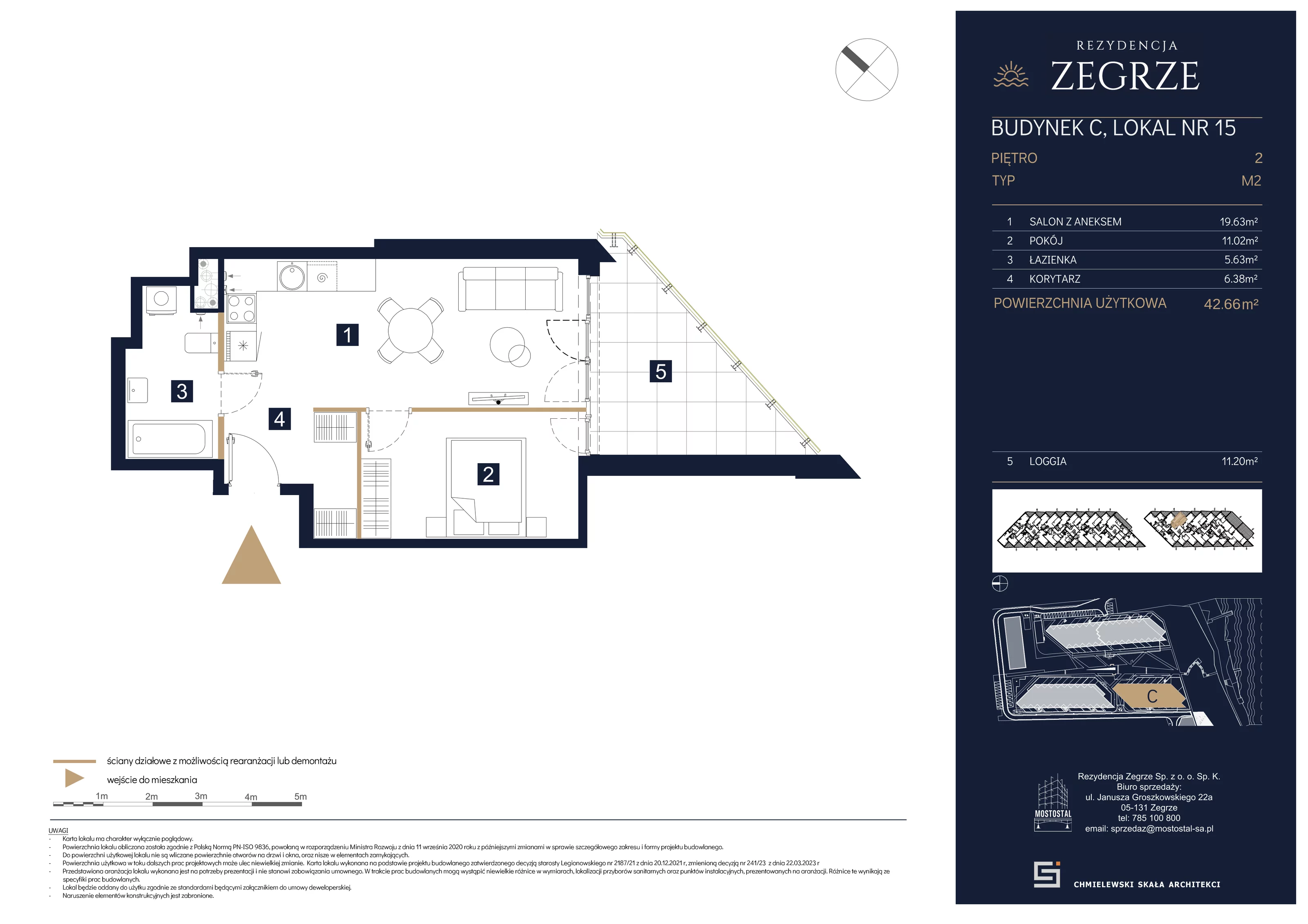 2 pokoje, mieszkanie 42,66 m², piętro 2, oferta nr C-A15, Rezydencja Zegrze III, Zegrze, ul. Groszkowskiego 22A