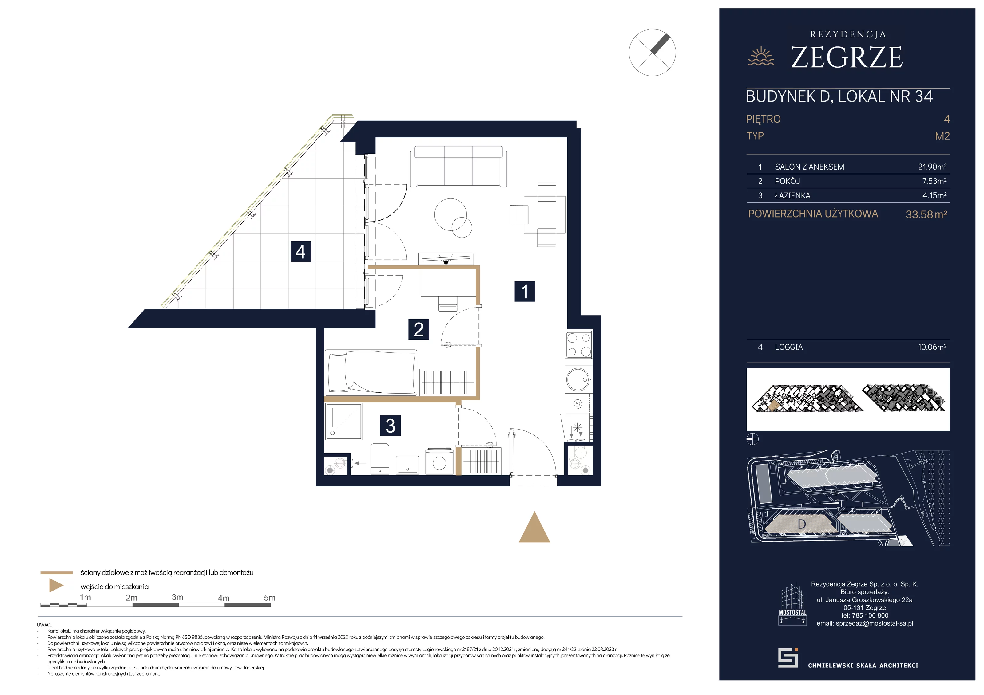 2 pokoje, mieszkanie 33,58 m², piętro 4, oferta nr D-A34, Rezydencja Zegrze III, Zegrze, ul. Groszkowskiego 22A