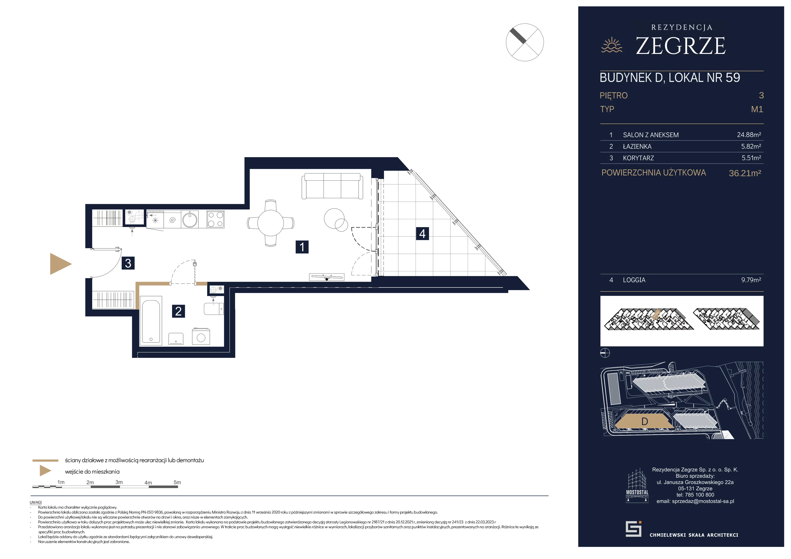 1 pokój, mieszkanie 36,21 m², piętro 3, oferta nr D-B59, Rezydencja Zegrze III, Zegrze, ul. Groszkowskiego 22A