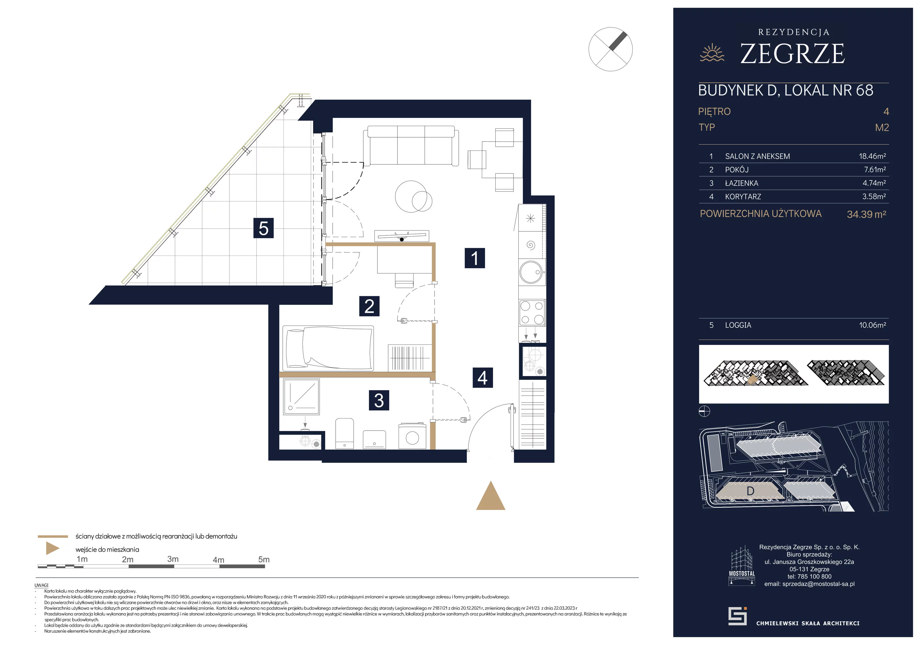 2 pokoje, mieszkanie 34,39 m², piętro 4, oferta nr D-B68, Rezydencja Zegrze III, Zegrze, ul. Groszkowskiego 22A